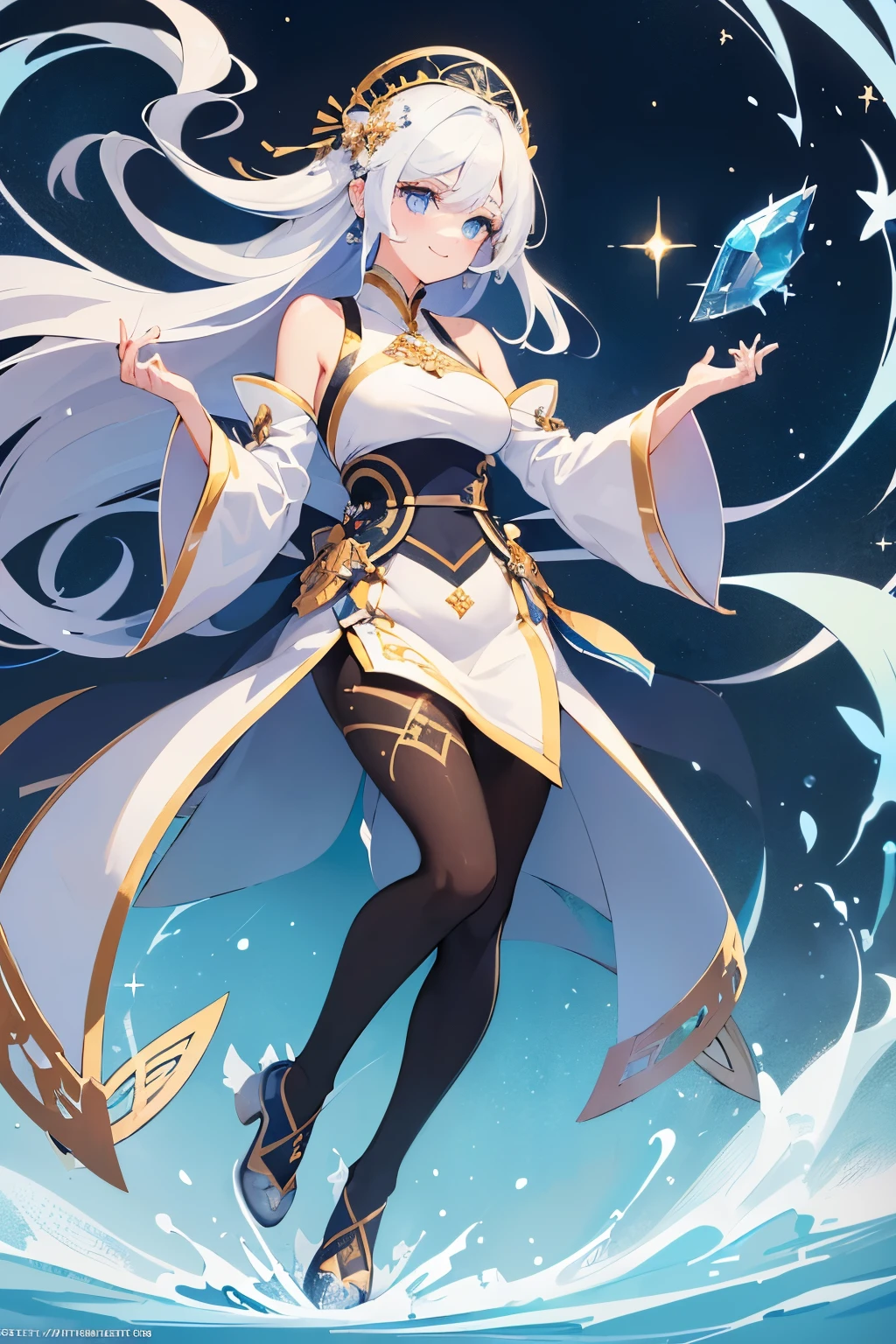 (Masterpiece), (Best Quality), (Super Detailed), (Dirty Hair), (Illustration), (1 Girl) (Long white Hair 1.5) (Blue Eyes), ((((No Shoulders))),Hanfu, (Looking at the Audience, (Interview), ( Background), Beautiful and Delicate Eyes, Delicate Beautiful Face, Soaring (High Saturation), (Colorful Glitter), Multi-colored Bubbles, (Glitter), Accent on Face, PerfectNwsjMajic, conservative clothes, Shoulderless, winter clothes, facing the masses, perfect figure, happy, warm smile, full body, tights