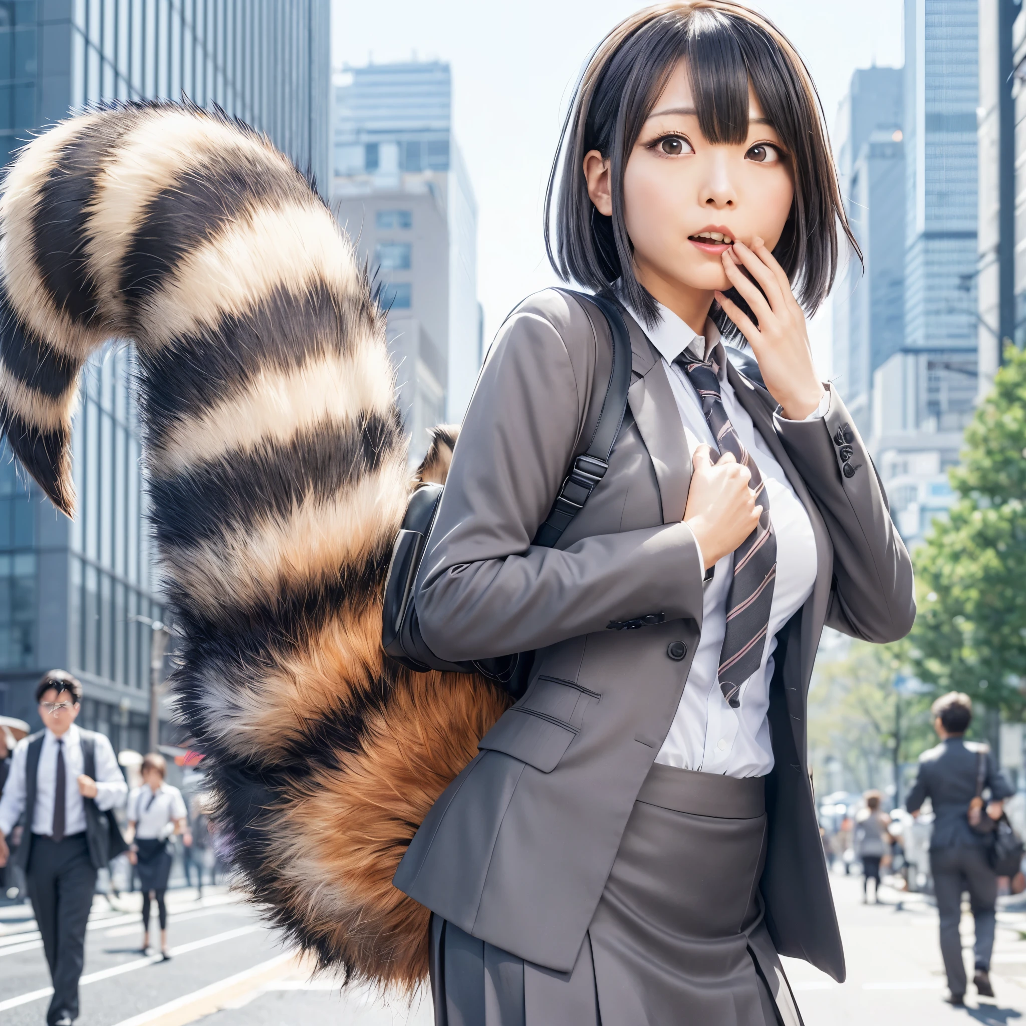 A woman wearing a pleated skirt suit with a raccoon tail, anthropomorphic raccoon, けもの, realistic, a picture, top-quality, Surprised face , Troubled face, Her skirt is flipped up and a tail is sprouting., Realistic tail