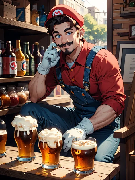 ((masterpiece)), ((best quality)), (ultra-detailed), (8k), supermario, blue overalls, red shirt, red cap, smiling, mature man, (...