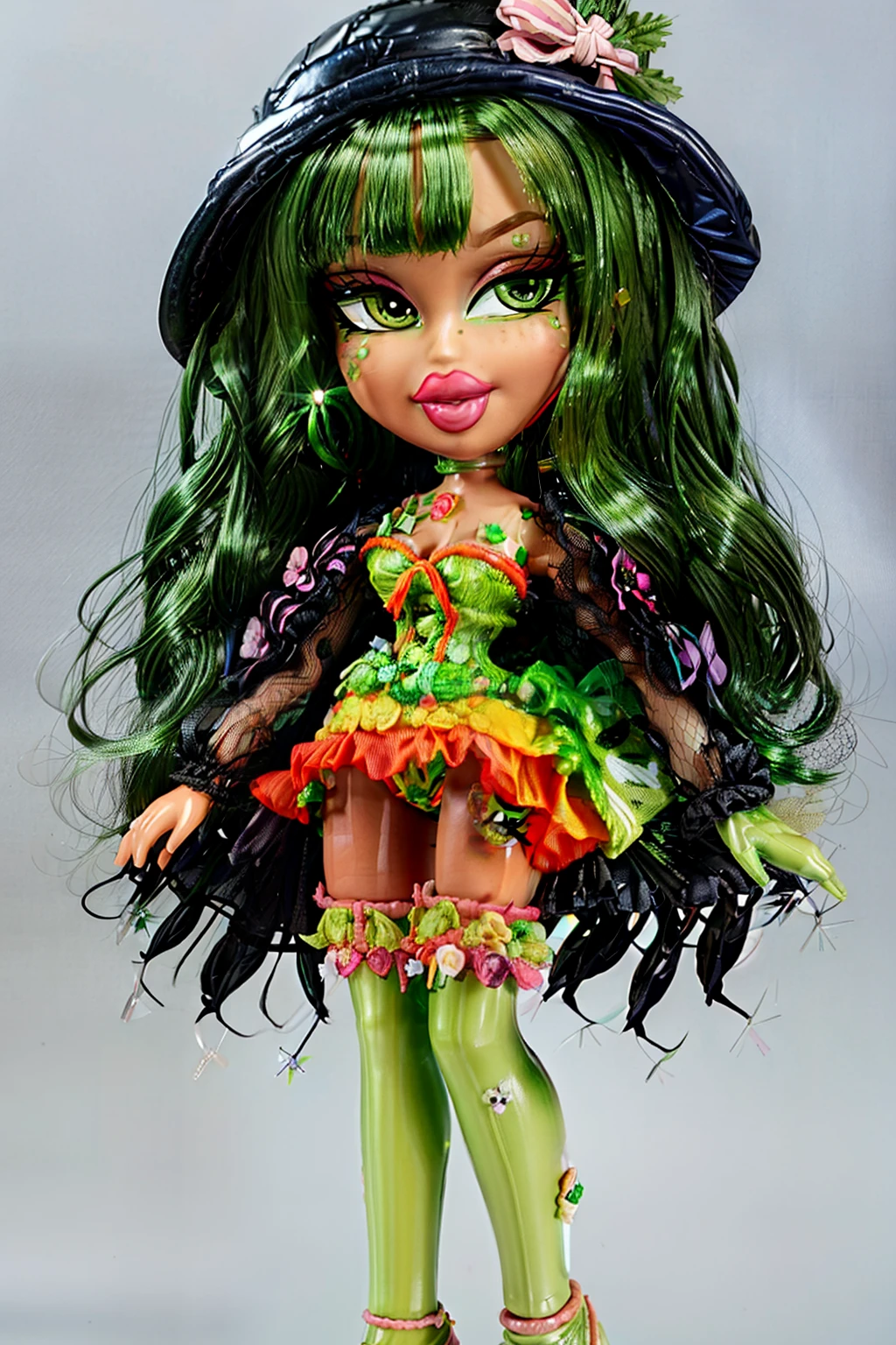 Bratz girl with detailed eyes and big lips and green hair, wearing versace colorful flowers dress , full body , plastic skin , doll joints , ,(masterpiece, top quality, best quality, beautiful and aesthetic:1.2), komeiji_koiouhou, doll, revealing clothes, big head, 1girl, solo, breasts, curvy, wide hips, narrow waist, joints, doll joints, cleavage, bursting breasts, huge breasts, lips, third_eye, hat, green_eyes, black_headwear, short_hair, green_hair, ribbon, smile, bow, heart, bangs, hat_ribbon, hat_bow, hair_between_eyes, full body, high heels, thighhighs, long legs,