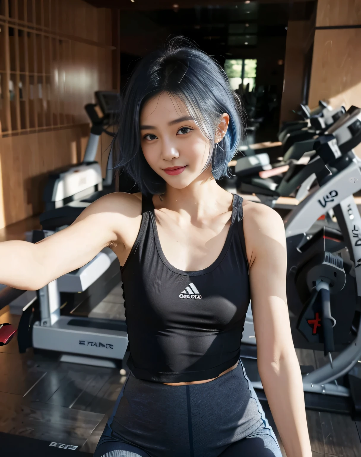 The highest image quality, RAW photogr, Ultra-high sharpness, authentic skin texture，温柔的ssmile, 25 years old Asian beauty，Blue Bob Short Hair, Blue hairs, Tight sports bra,The right yoga pants，with very thin lips, Beautiful eyes and details, long eyelasher, 二重まぶた, eye shadows, Abs，Eternal，looking at the camera in，ssmile，The background is the interior of the gym，fitness machine，The focus is on short Blue hair，Blue hair