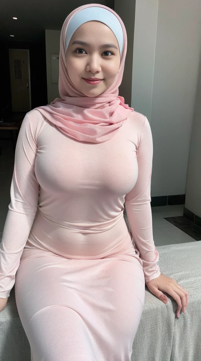 One beautiful matured malay women with pastel color hijab cooking breakfast wearing wet white oversized cartoon tshirt and pink panties, thin tshirt, beautiful matured face, mother, side lighting, light blue modern kitchen, malaysian, professional photography,