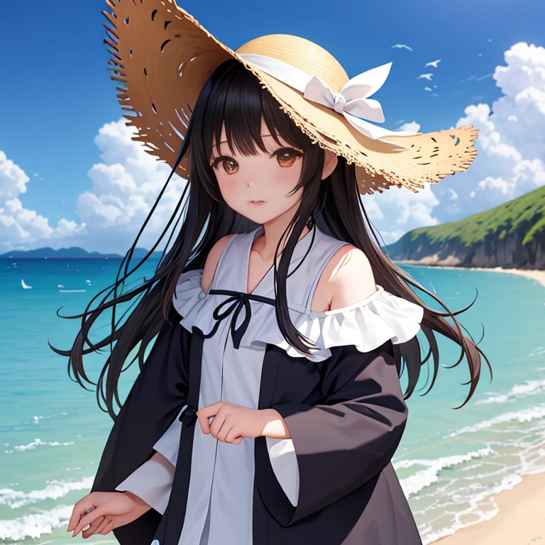 1girll,critters,sea beach,Black hair,蓝daysieblurry,bblurry的背景,,with brown eye,brown hair,catss,,Clouds,多云的daysies空,daysies,depth of fields,The clothes ar,Hats,Hats丝带,拿着critters,horizon,cparted lips,long whitr hair,Look at the observer,medium,the ocean,exteriors,分开的cparted lips,daysies空,无袖,独奏,Straw Hat Hat,夏daysies,Sun hat,Eau,w