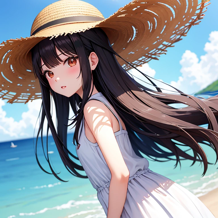 1girll，critters，sea beach，Black hair，蓝daysieblurry，bblurry的背景，，with brown eye，brown  hair，catss，，Clouds，多云的daysies空，daysies，depth of fields，The clothes ar，Hats，Hats丝带，拿着critters，horizon，cparted lips，long whitr hair，Look at the observer，medium，the ocean，exteriors，分开的cparted lips，daysies空，无袖，独奏，Straw Hat Hat，夏daysies，Sun hat，Eau，w