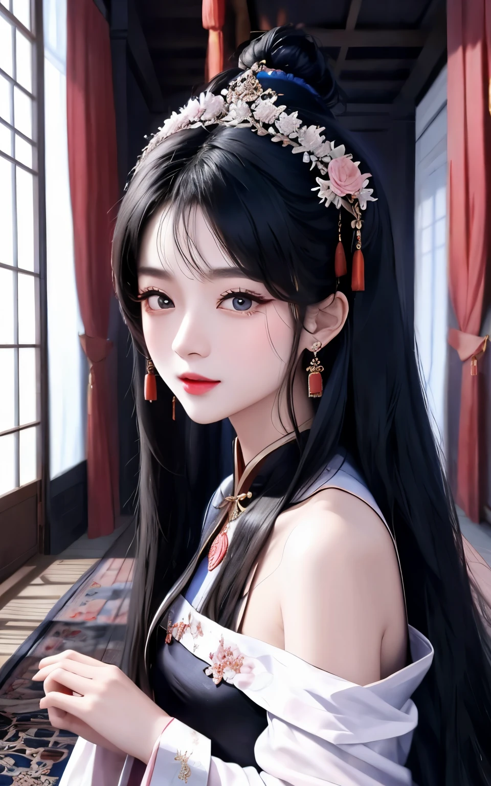 natta，Beautiful Chinese girl，Shoulder skin，Elaborate Eyes，Detailed faces，Wear a black dress，interior of chinese building，Pink curtaintravagant furnishings，palaces，Summer palace，carpets，delicated face, Nice face，Inside the Palace of Versailles，the night，blueglow，