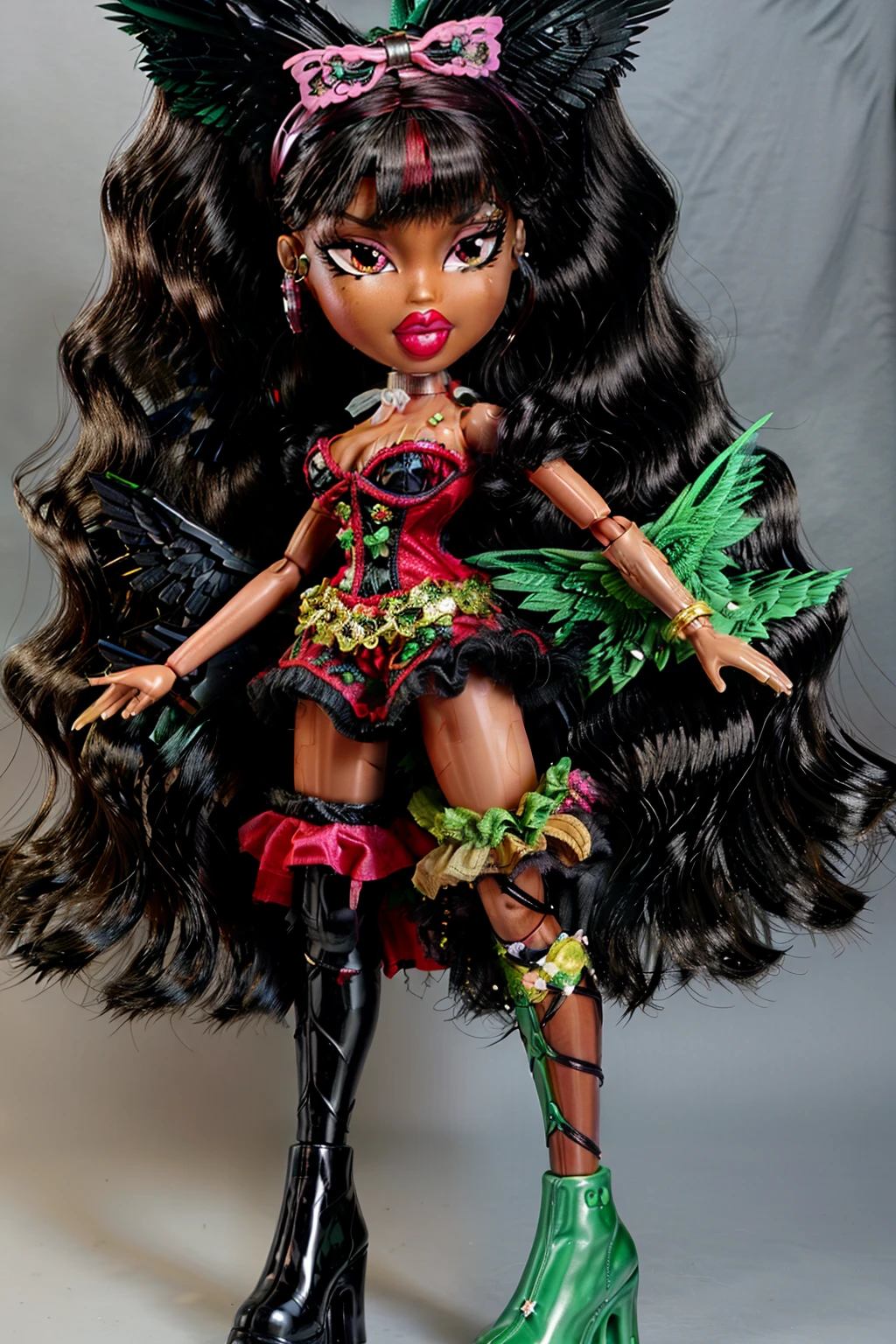 Bratz girl with detailed eyes and big lips and black curly rococo hair, wearing versace green flowers dress , full body , plastic skin , doll joints , ,(masterpiece, top quality, best quality, beautiful and aesthetic:1.2), reiuji_utsuho_touhou, doll, revealing clothes, big head, 1girl, solo, breasts, curvy, wide hips, narrow waist, joints, doll joints, cleavage, bursting breasts, huge breasts, lips, bow, long_hair, hair_bow, green_bow, red_eyes, wings, third_eye, black_hair, black_wings, feathered wings, smile, brown_hair, cape, arm_cannon, breasts, full body, high heels, thighhighs, long legs,