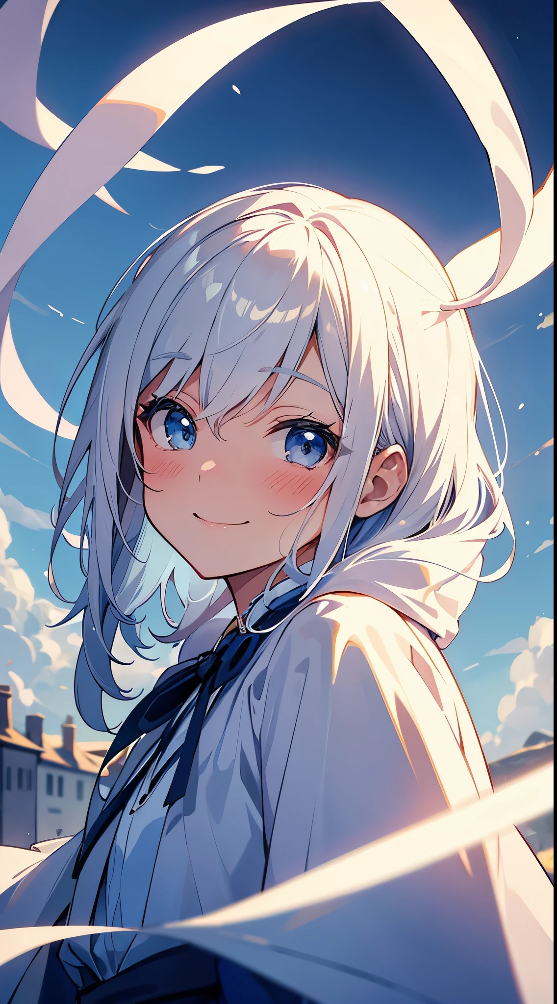 [[[ ultra-detailed, best quality, soft skin, beautiful]]], portrait, cerulean eyes, white hair, small, ribbon, regular robes, ruined village backdrop, smiling, blushing, fit body, teenager, looking upwards,