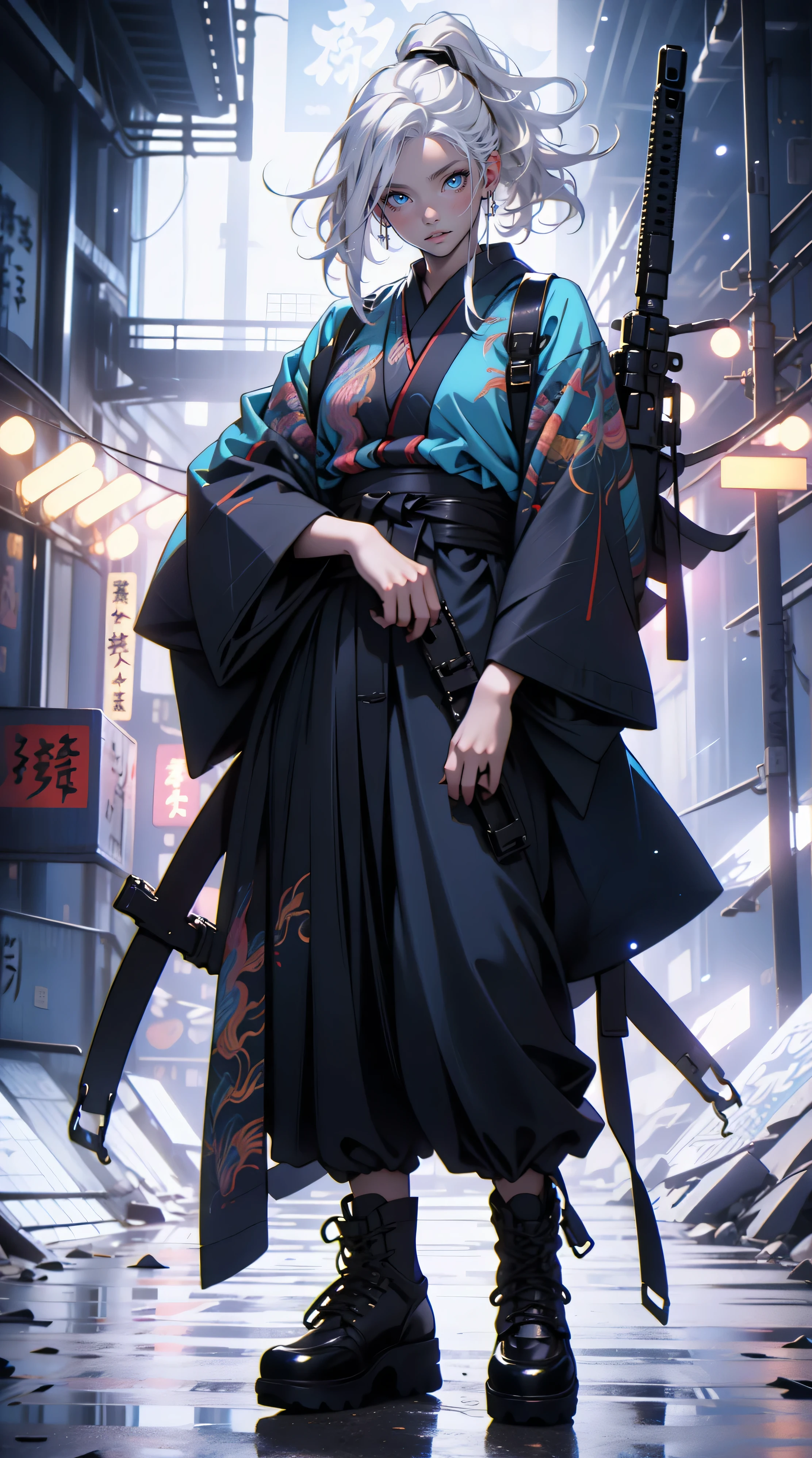 ((gun holster))、girl with、big eye、to stand,((Full body)),top-quality、masterpiece、Hi-Res、(((girl with1人)))、masutepiece, quality of hike,(White background)、animesque,2D、((white hair))、blue eyess,albino,(侍 girl with),long boots、High Ponytail,Black kimono、slender、Cute eyes、Sparkling eyes