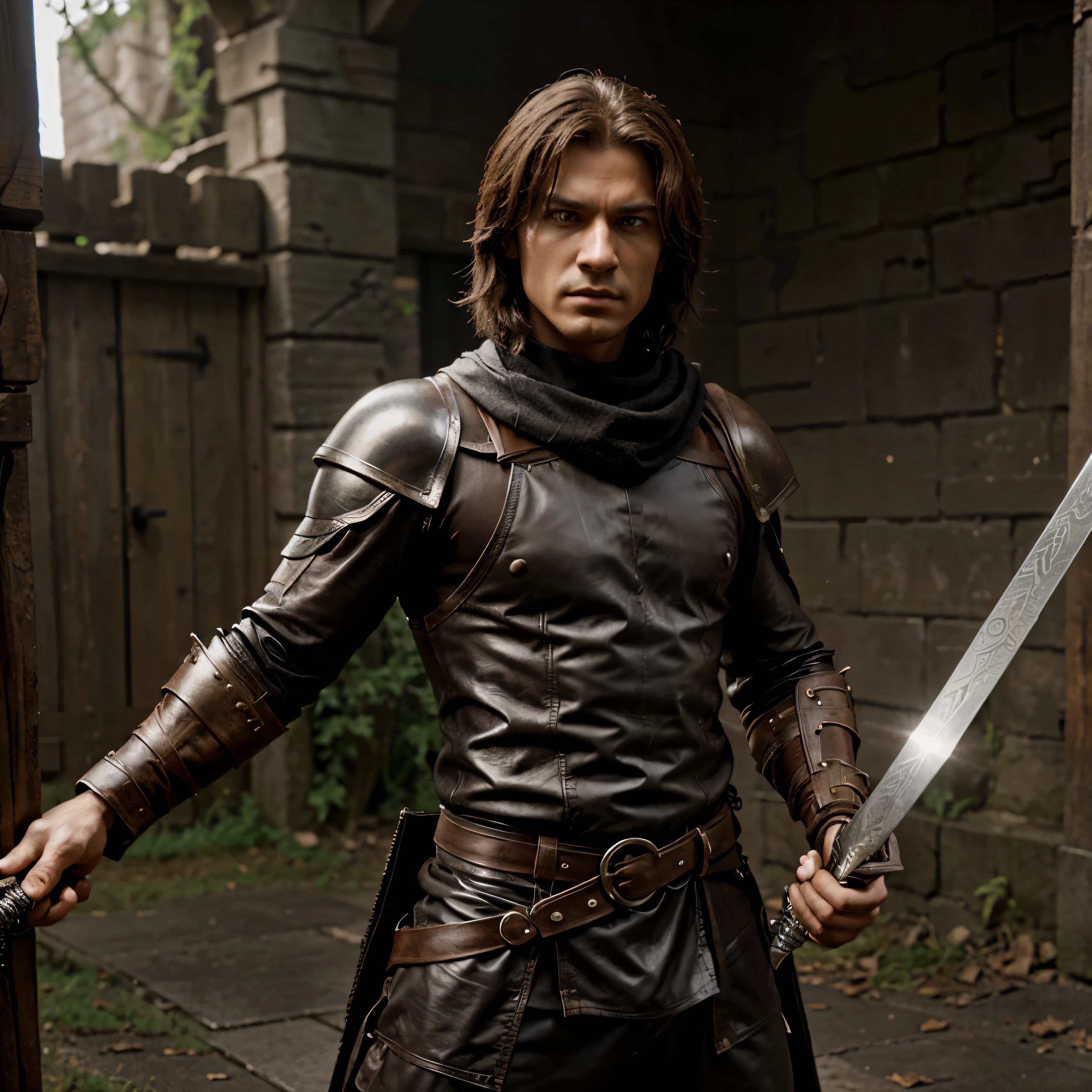 AD&D human male Ranger, steel-eyed, menacing, clad in leather armor, wielding a magic sword.