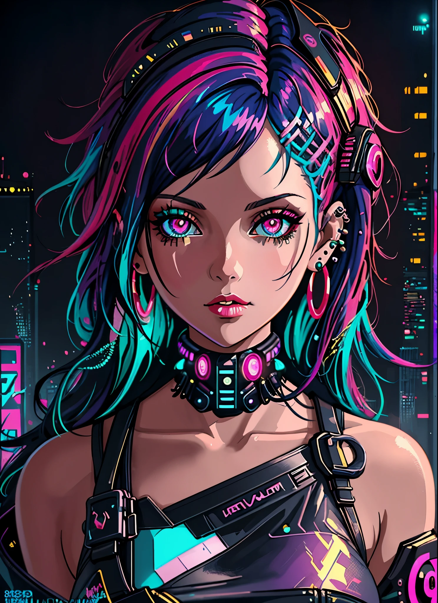 a close up of a woman with colorful hair and piercings, dreamy cyberpunk girl, 4k highly detailed digital art, stunning digital illustration, 8k stunning artwork, colorfull digital fantasy art, colorful and dark, beautiful digital artwork, colorful digital painting, digital cyberpunk anime art, glowwave girl portrait, 8k hd wallpaper digital art, gorgeous digital painting