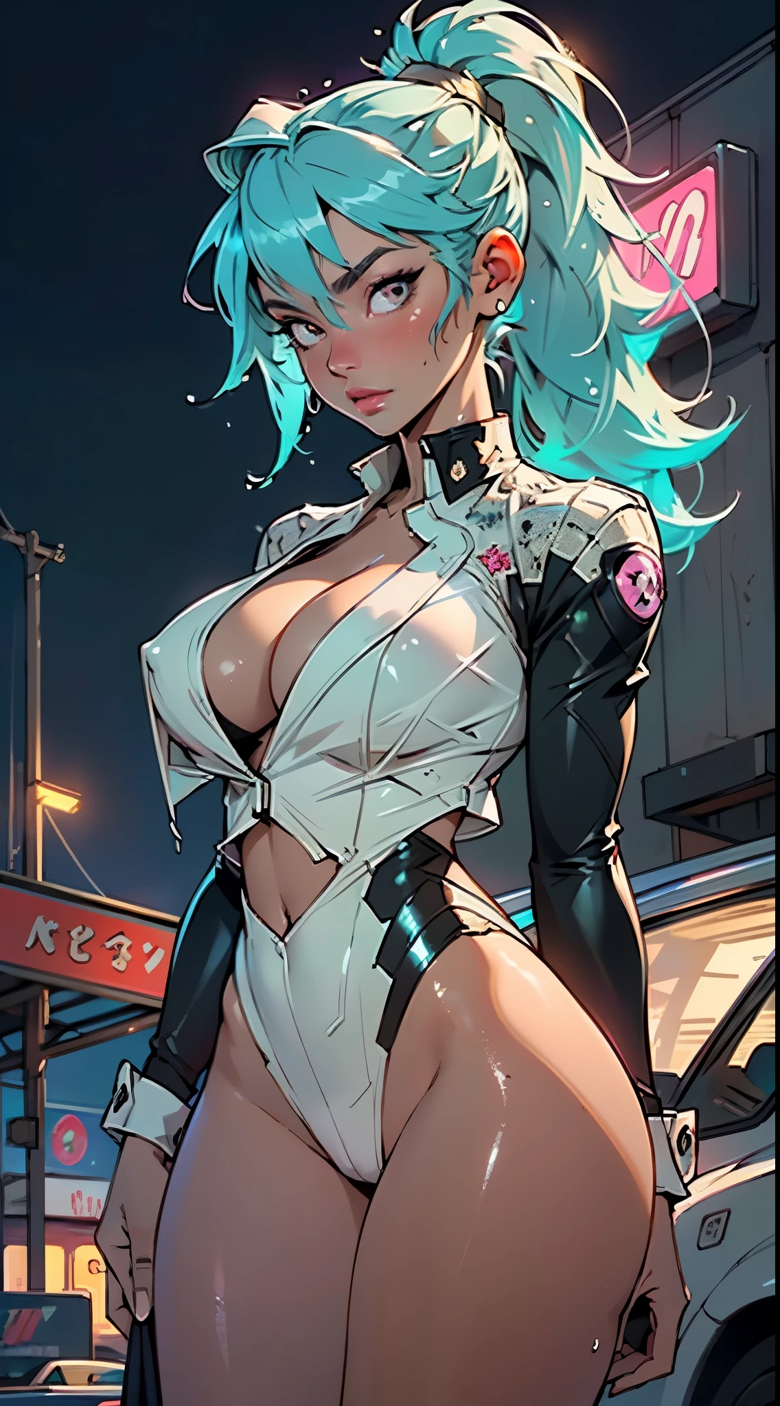 cute bunny girl,(((1girl))),((bunny girl with extremely cute and beautiful aqua hair)),(((bunny girl:1.5,anthro furry cute,bunny-girl))),(((bunny ears:1.5,bunny ears on head:1.5,big bunny ears))),

(large breasts:1.4),saggy breasts,(((aqua_hair  ponytail:1.35,aqua_hair:1.3,colored inner hair,ear breathing,large hair))),((heterochromia:1.5, (aqua_eye and pink_eye))),intricate eyes,beautiful detailed eyes,symmetrical eyes,big eyes:1.3,((fat)),(((lustrous skin:1.5,bright skin: 1.5,skin tanned,shiny skin,very shiny skin,shiny body,plastic glitter skin,exaggerated shiny skin,illuminated skin,wet legs))),(spider lower abdomen,narrow waist,wide hip,athletic body,inflated legs, thick thighs,detailed body,(detailed face)),

cute,slutty,seductive,erotic,(nsfw),

zettai ryouiki,(((race queen style costume, attractive companion costumes,pit girl costume))),(magenta suit unbuttoned,magenta costume),(((huge cleavage))),cleavage cutout,((wet clothes,intricate outfit,intricate clothes)),

(dynamic pose:1.0),solo focus,embarrassed,(centered,scale to fit dimensions,Rule of thirds),

cyberpunk city by the ocean at night, with bright neon signs and dark stormy clouds and puddles, scenery:1.25,nighttime, starry night, cosmos,Very dark night that makes the neon lights stand out, very bright neon lights,nighttime, starry night, cosmos,

artistic photography,(photography taken by sldr),highres, sharp focus,(ultra detailed, extremely detailed), (photorealistic artwork:1.37),(extremely detailed CG unity 8k wallpaper),((synthwave background theme)),(((vibrant colors))),intricate,(intricate background),(masterpiece),(best quality),perfect rendered face,perfect face details,realistic face,photo realistic,analog style,((intricate detail)),(((realism))),