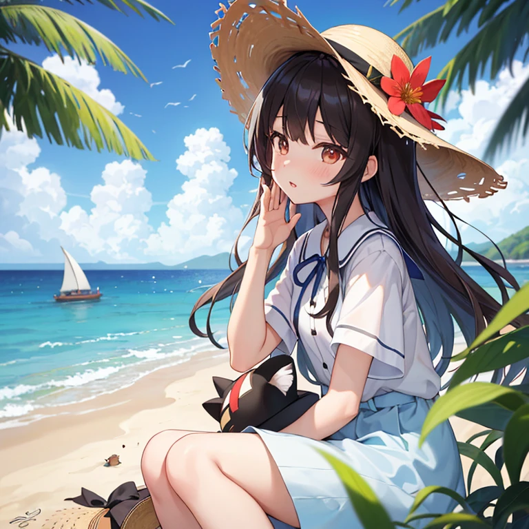 1girll,critters,sea beach,Black hair,蓝daysieblurry,bblurry的背景,,with brown eye,brown hair,catss,,Clouds,多云的daysies空,daysies,depth of fields,The clothes ar,Hats,Hats丝带,拿着critters,horizon,cparted lips,long whitr hair,Look at the observer,medium,the ocean,exteriors,分开的cparted lips,daysies空,无袖,独奏,Straw Hat Hat,夏daysies,Sun hat,Eau,w
