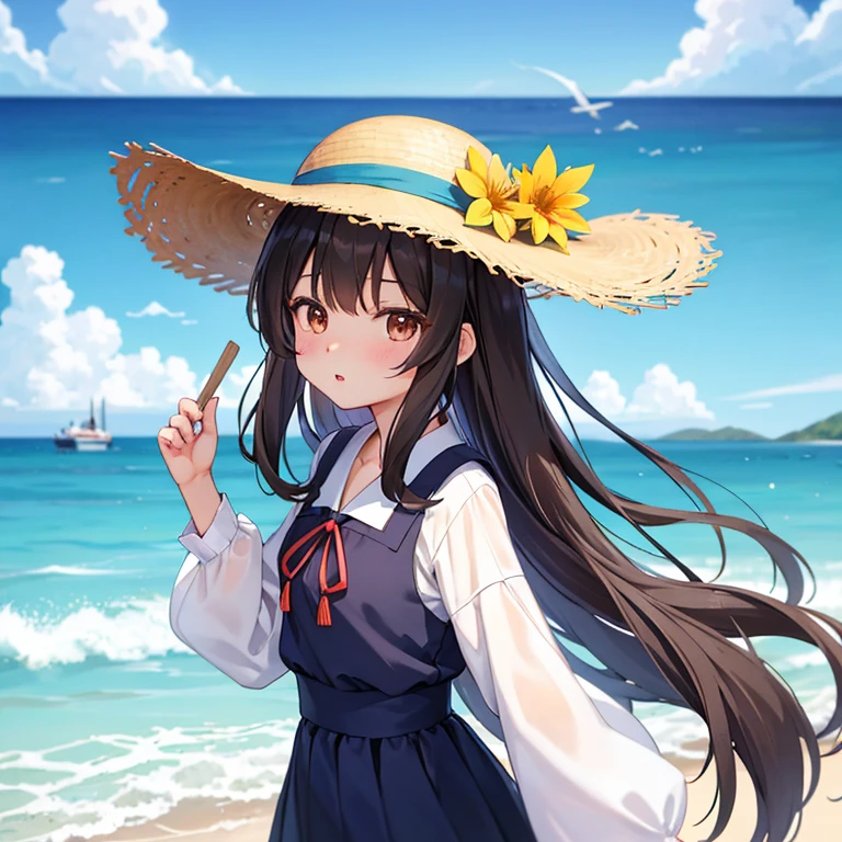 1girll，critters，sea beach，Black hair，蓝daysieblurry，bblurry的背景，，with brown eye，brown  hair，catss，，Clouds，多云的daysies空，daysies，depth of fields，The clothes ar，Hats，Hats丝带，拿着critters，horizon，cparted lips，long whitr hair，Look at the observer，medium，the ocean，exteriors，分开的cparted lips，daysies空，无袖，独奏，Straw Hat Hat，夏daysies，Sun hat，Eau，w