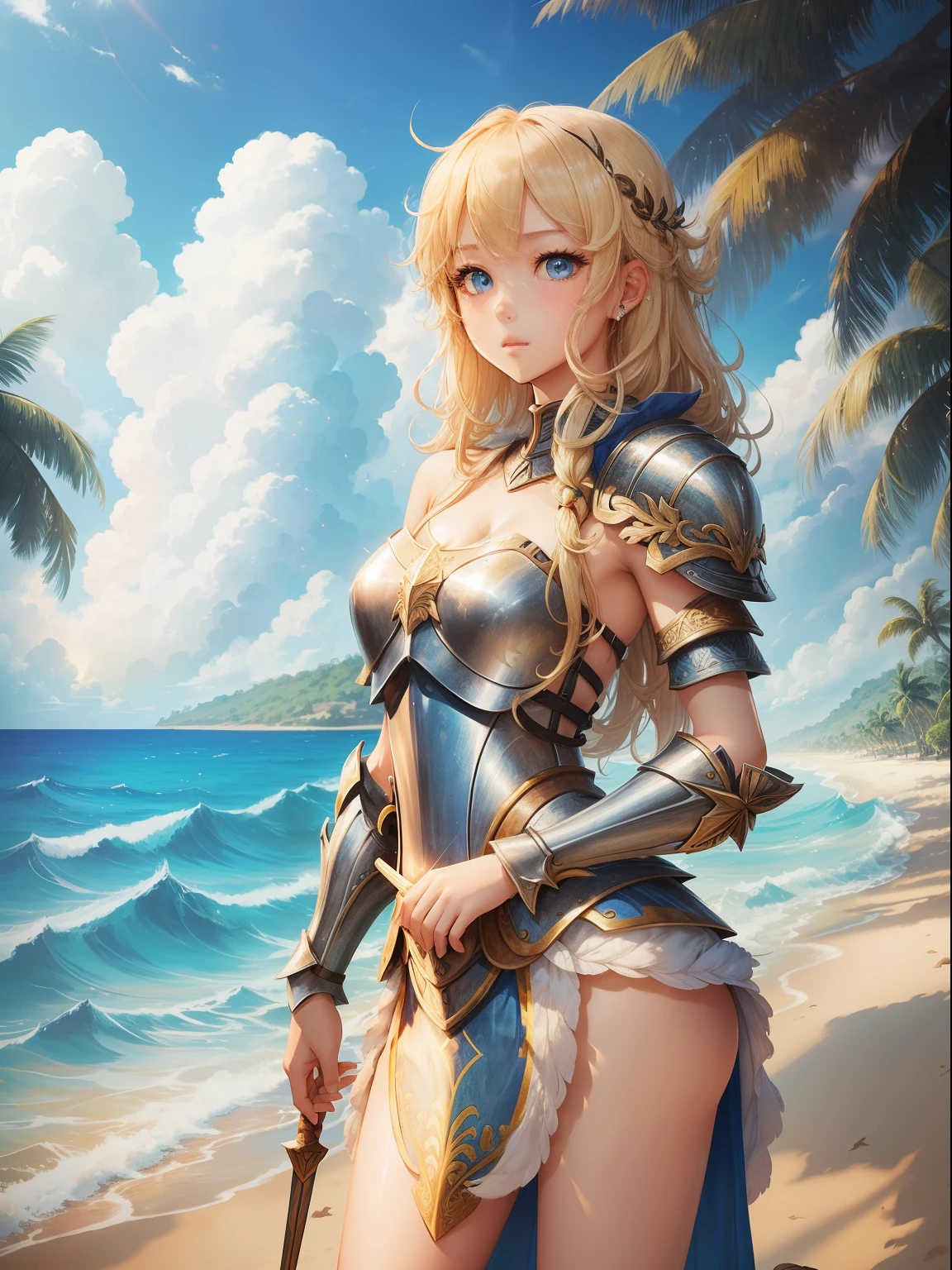 woman in shiny armor, posing for medieval fashion magazine cover, sitting on the knee, big breasts, haughty, naughty, at the beach,  a flower crown, scornful, arrogance