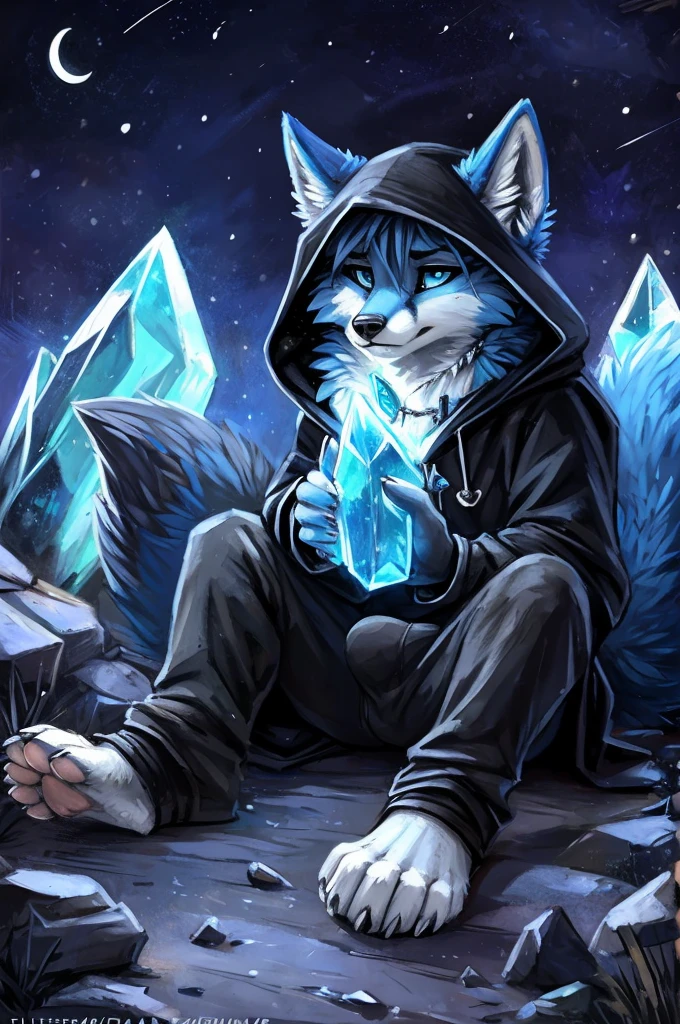 (((by fluff-kevlar, by Zackary911, by Kenket, by F-R95,))), High Frequency: 1.8, Best quality, Masterpiece, Rich Detail, 4K, posted to e621, a ((Fox)), ((detailed Fox)), sitting down, ((wearing a long cloak, wearing a crystal pendant, wearing a scarf, wearing a black hood, wearing a black hoodie, wearing a black sweatshirt)), ear piercings, blue eyes, sad expression, sad face, frown, frowning, crying, tears falling down, clenching chest, blue fur, white underbelly, (((Fox))), ((Fox tail)), long messy black hair, (black thigh highlack thong)), front view, white fingers, white toes, perspective, finely detailed paws, punk style, snowing outside, shooting star, comet, aurora borealis, northern lights, white moon, dark_gray_fur, dark gray fur, white underbelly, white toes, white_toes, white fingers, white_fingers, night time, night, dark outside, blue_fur, fox, small bulge, sexy, (((white toes))), (((white fingers))), ((long messy hair)), crystal horde, gem horde, surrounded by crystals, surrounded by gems, glowing blue eyes, holding a large aquamarine crystal, (((blue fur))), (((white underbelly))), long fox tail, blue fur, blue_fur, white underbelly, blue fire, white moon, large moon, wearing black hood, wearing black sweatshirt, looking at viewer, looking at observer, sad face, sad expression, depressed, ((holding a large aquamarine crystal)), converse sneakers,