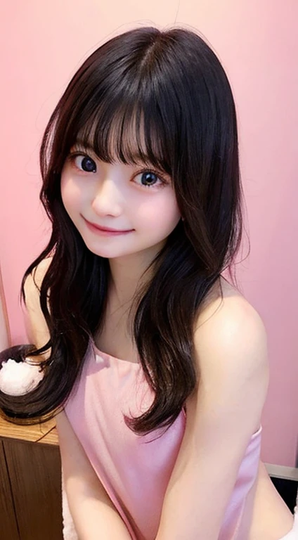 (Taken in long shot, Full nude shooting, hightquality, masterpiece, ultra res,8K), (japanese beauty girl, (Clear eyes:1.3)), (girl with1a person, a baby face, A smile, Looking at the camera , Lovely smile, childish, 10歳のgirl with, (Super cute face in idol style:1.2)), 8K,(Pattsun bangs, A dark-haired, semi long hair, Middle hair ,Straight hair), (NSFW, Complete nakedness), (My pussy is smooth, The pussy is super precise), (Small), (A well-balanced slender nude figure, skin is super fine, White muscle)、(girl withの頭から足までを全身撮影)、 (Crotch open pose), ((Cute PINK Room), (Pink lighting)), NSFW, Complete nakedness,