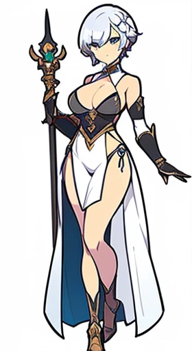(((Best Quality))) , ((full body)), female, reference sheet, solo, (white background), slit dress, armored dress, holding staff, loin cloth,