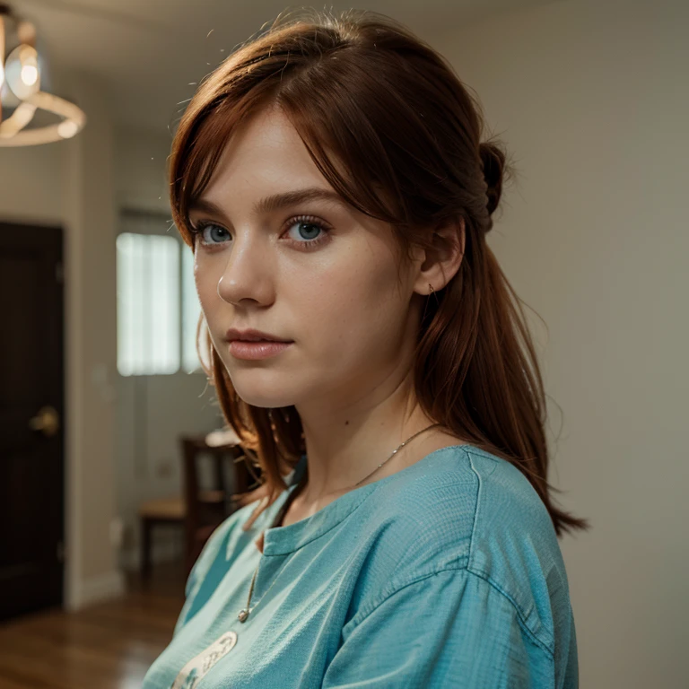 Caucasian red hair middle 20 years girl, fit, staring at the viewer, realistic wearing a pink top and jeans somewhere in Baton Rouge by the Mississippi River glowing her blue greenish eyes, intense, solodramatic lightinasterpiece:1.2), best quality, high resolution, beautiful detailed, extremely detailed, perfect lightin