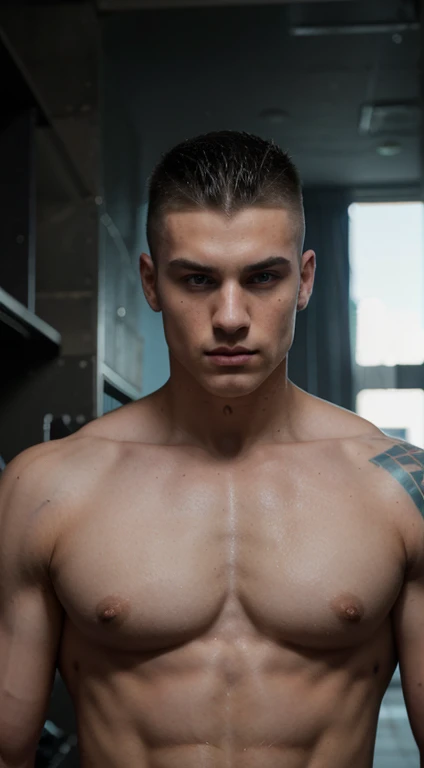 Young white man cyberpunk , , Short mohawk haircut, black hair, intense blue eyes, intense gaze, affiliated features, no facial hair, height 1.90, weight 96 kg, muscular aesthetic build, broad shoulders, V-shaped body, half tattoos in Arms, full body focus, completely hairless