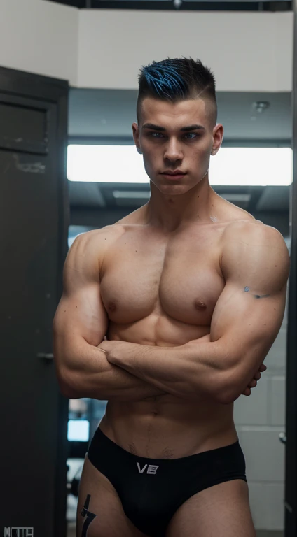 Young white man cyberpunk , , Short mohawk haircut, black hair, intense blue eyes, intense gaze, affiliated features, no facial hair, height 1.90, weight 96 kg, muscular aesthetic build, broad shoulders, V-shaped body, half tattoos in Arms, full body focus, completely hairless
