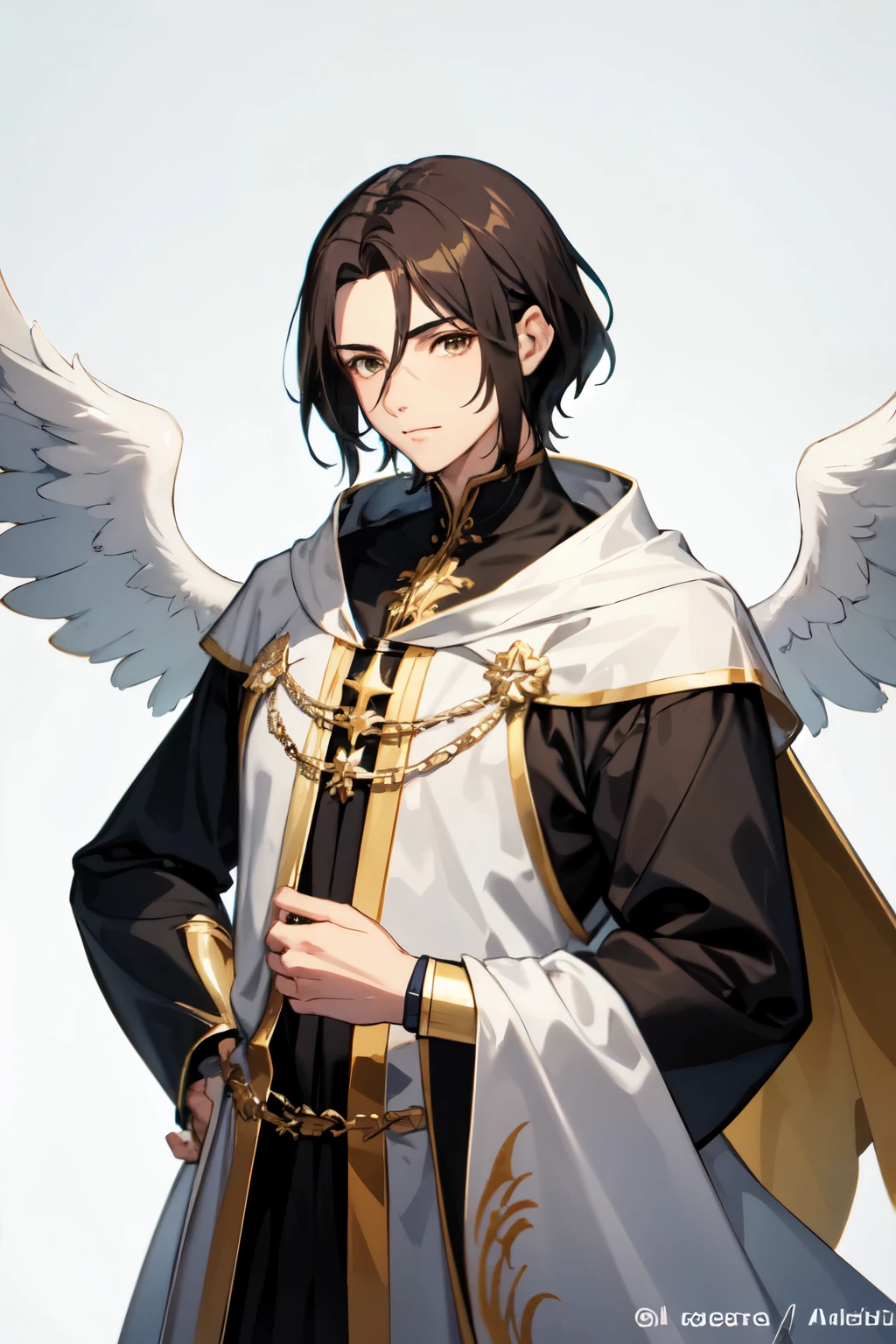 Personagem masculino loiro (anjo) com asas abertas, pelos amarelos brilhantes, Anime traits, fundo medieval, cabelo amarelo, homem (super detalhado) (muitos detalhes) (master part)
