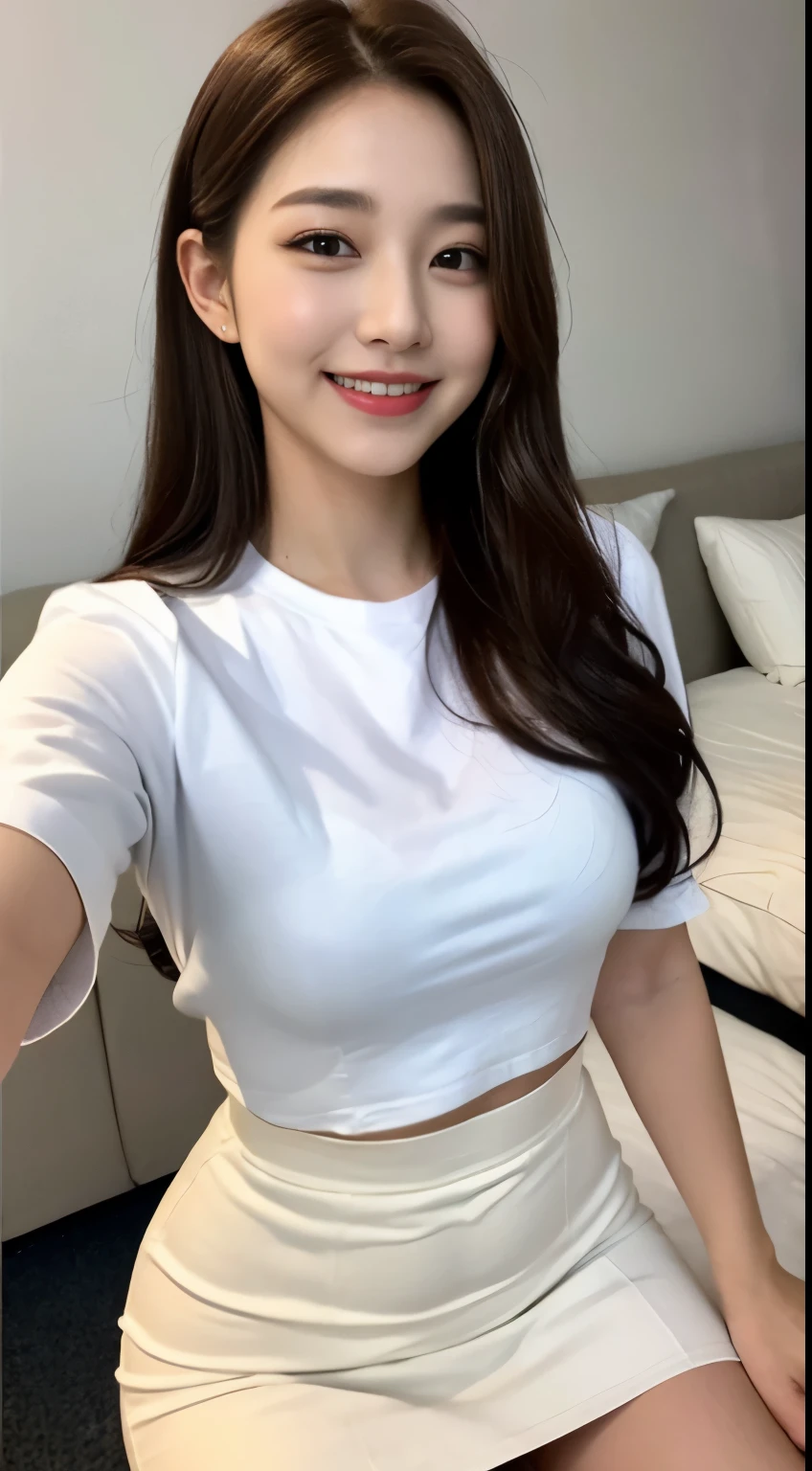 White tight shirt、White tight mini skirt、a bed、a smile、shortsleeves、high-level image quality、Hallyu Idol Face