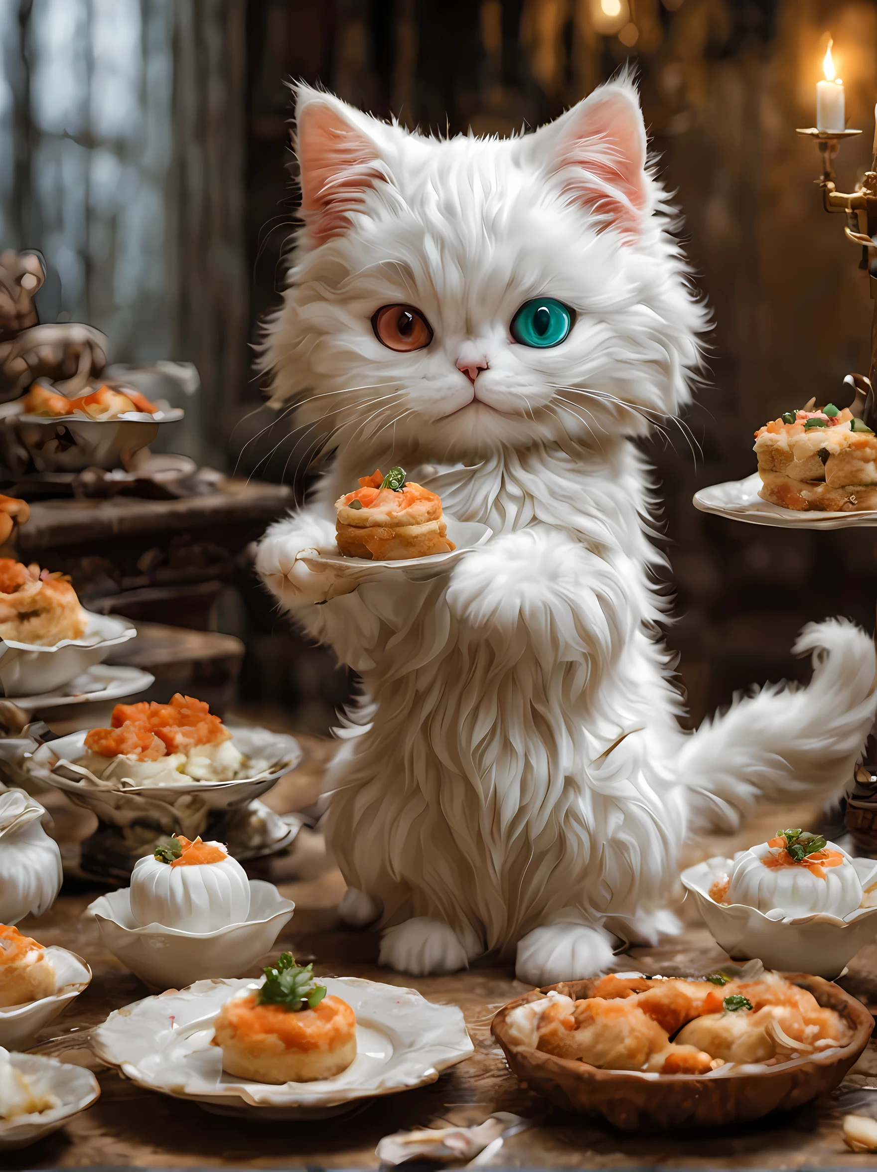 (minuet、In the middle of the meal、odd eye),,Cute little,tmasterpiece,topquality,fluffy cat,,delightful,Tre anatomically correct,,Fantasy,Cats,minuet,odd eye