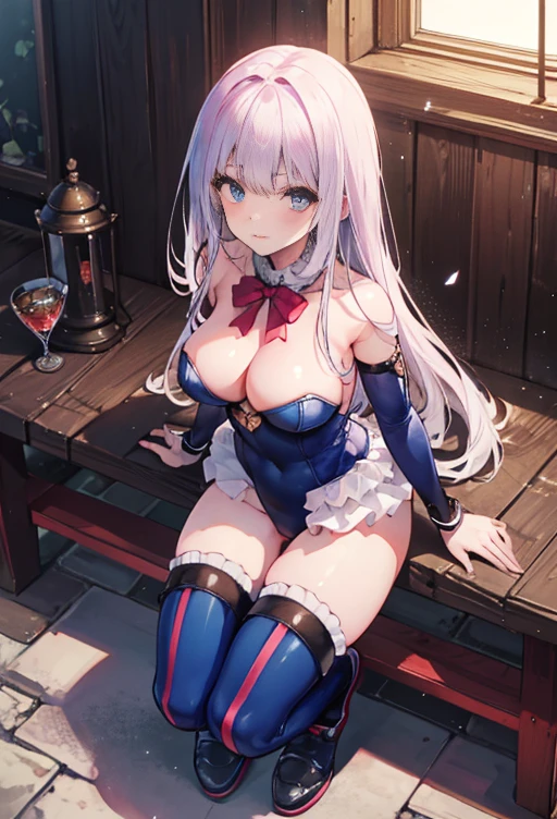 masutepiece, Best Quality,Squat ,Crab crotch,Leotard,highleg, Elegant, 1girl in, thigh high boots, well-muscled,Cute, blushed, Looking at Viewer, From above,, Mini skirt, White and black striped T-shirt, Blue eyes, Beautiful eyes, Beautiful background, light Particle, Sun rays, Dramatic Lighting, Outside, shiny, Realistic, masutepiece, Best Quality, Ultra-detailed, Detailed, Scenery, Beautiful detailed eyes, detailed hairs