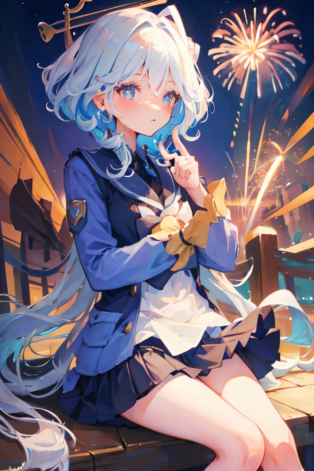 furina, 1girl, wearing school uniform, blushing, pointing at the night sky with beautiful fireworks, looking at the fireworks