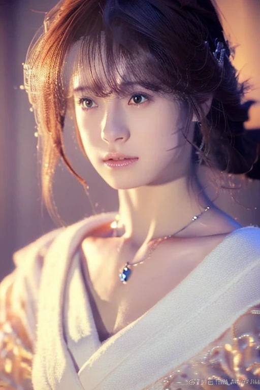 Final Fantasy (Akina Nakamori) Anime girl with brown hair and necklace in white kimono dress, beautiful character painting, Soft Anime CG Art, Realistic anime art style, Beautiful Anime Portrait, beautiful anime woman, Photorealistic anime girl rendering, Makoto Shinkai and ArtGerm, Realistic 3D anime style, Anime Realism Style,  digital art in anime style, Beautiful anime girl