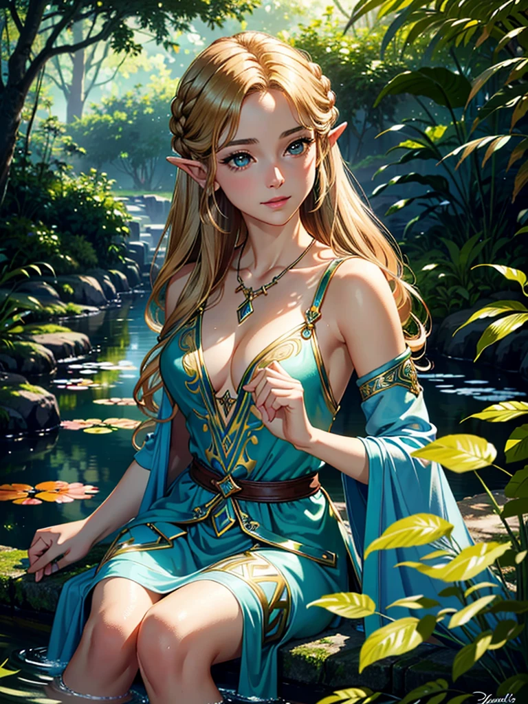 best quality, masterpiece, 1girl, solo, Fairy, long blonde hair, pointed ears, FairyBase, bare shoulders, Skirt of leaves,  jewelry, soft lighting, full body, 
