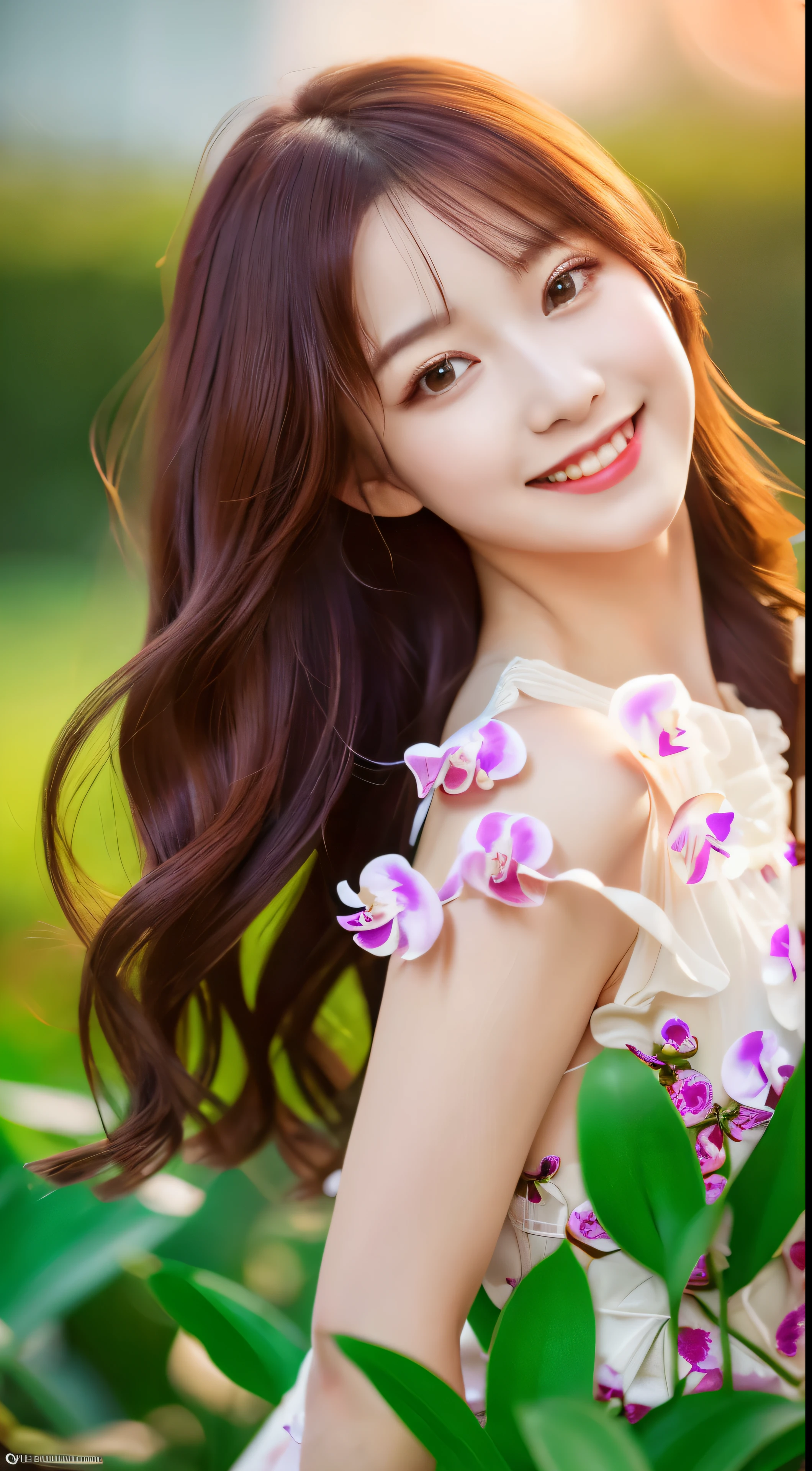 (CG 8k wallpaper extremely detailed, masutepiece, Best Quality, Ultra-detailed), (better lighting, better shadows, Extremely delicate and beautiful), floating, High color saturation, ((1girl in)),Smiling and looking at the camera, Gorgeous, Ning Guang(Orchid Evening Dresses) Maroon hair, Red Eyes, Very long hair, Hair Ornament,