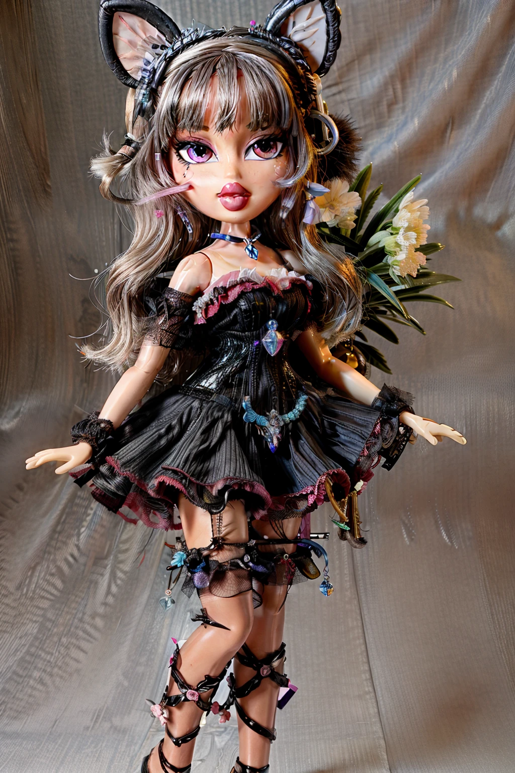 Bratz girl with detailed eyes and big lips and purple and blonde curly rococo hair, wearing versace colorful flowers dress, full body , plastic skin , doll joints , ,(masterpiece, top quality, best quality, beautiful and aesthetic:1.2), hijiri_byakuren_touhou, doll, revealing clothes, big head, 1girl, solo, breasts, curvy, wide hips, narrow waist, joints, doll joints, cleavage, bursting breasts, huge breasts, lips, 1girl, multicolored_hair, gradient_hair, long_hair, purple_hair, blonde_hair, yellow_eyes, smile, brown_hair, breasts,, full body, high heels, thighhighs, long legs,