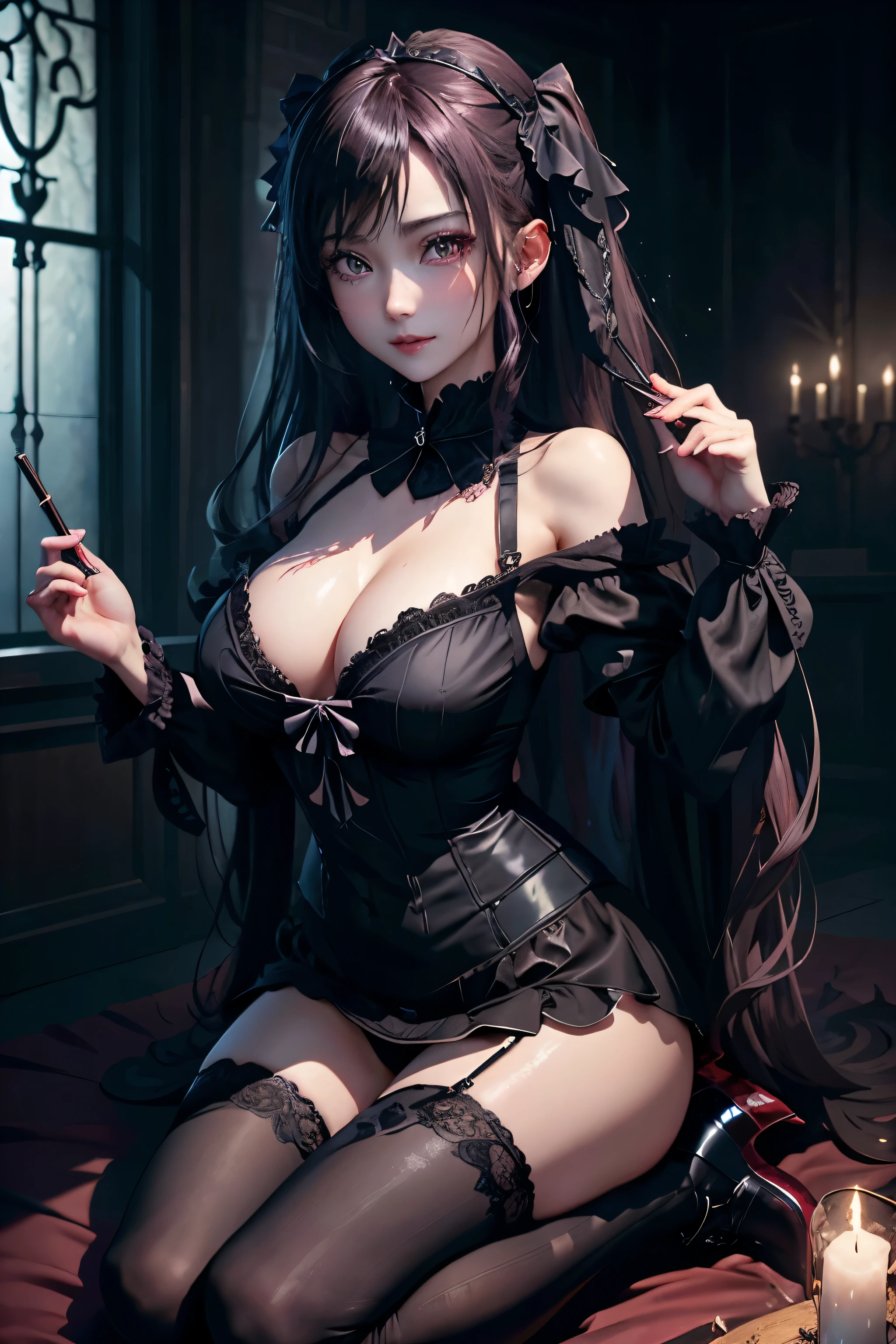 ハードDark Gothicメイク、Maniacal、Deep night sky、horor、Black Dark Eyeshadow、crying how bright、mourn、Good skin luster、Dark Gothicメイク、Dark smile、Restless Palace、Expressions of sexual arousal、Fragrant beauty、22year old、Lying、seductiv、Strong sexual pleasure facial expressions、A look of shame、Dark Gothic、Obscene look、masutepiece、Best Quality、Refers to 5 books、Expression of sexual pleasure in anguish、Drunken face、maid clothes、Mysterious、noble、Face holding back the toilet、Transcendent sex appeal、Affectionate smile、twin-tail hair、jet black ruffle skirt、Right blue eye, The left eye is red、Gothic bed covered with roses、Transcendent Bewitching Pose、stick out buttocks、platform heel shoes、heavy make up、moderate breast size、black lipstick、stain glass、black metal world、sloppily open your legs、Beautifying the world、sit on a bed of roses、Gothic ta服、put your hair up、a little slender、super dark pink hair、Long hair straight hair、cute gothic loliress、美丽的面容、Elegant face、Bewitching look、knee high socks、thigh-high socks、stain glassが背景、the body is wet and shiny、Lots of glitter on the thighs、I'm sweating a lot、A lot of sweat and stickiness on the thighs、Sweat shining generously on the thighs、The whole body is shiny with sweat、Quite sweaty、My thighs are sweaty、my thighs are so wet、My chest is shiny from a lot of sweat、I sweat a lot and my thighs are shiny.、The room is dark、A slender、Moderate breast size、Gothic lolita、bsleeves、Wizard Sleeve、decadent look、Sexually aroused facial expressions、play the pipe organ、ritualistic、ゴシックritualistic、Glossy thighs wet with water、