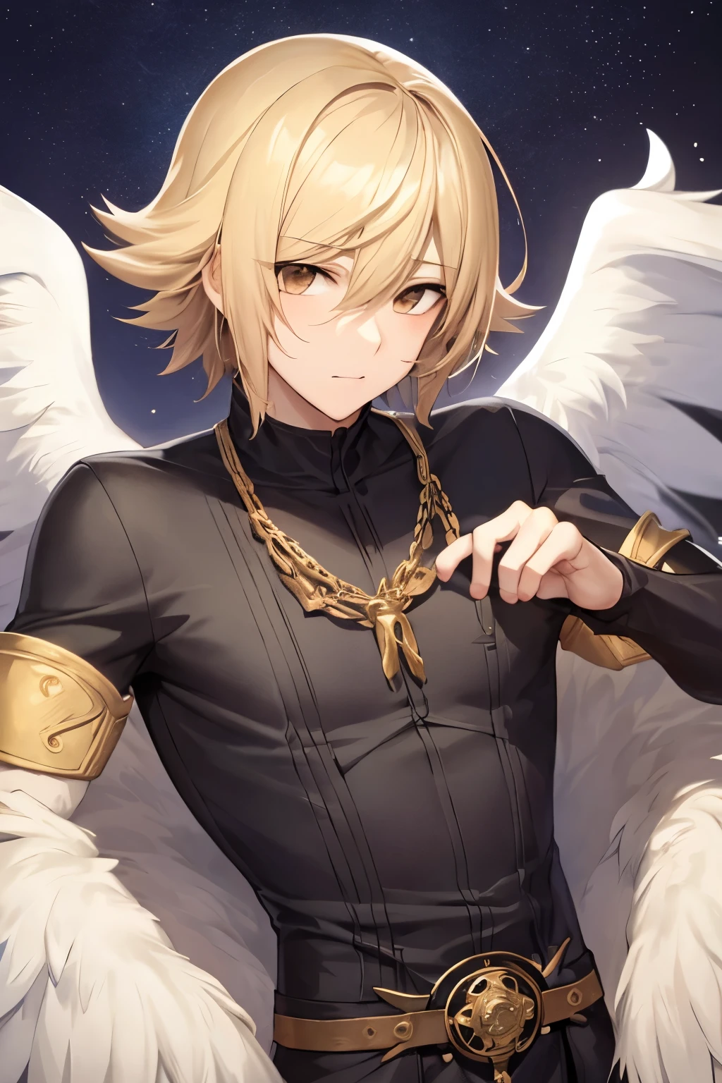 Personagem masculino loiro (anjo) com asas abertas, pelos amarelos brilhantes, Anime traits, fundo medieval, cabelo amarelo, homem (super detalhado) (muitos detalhes) (master part)