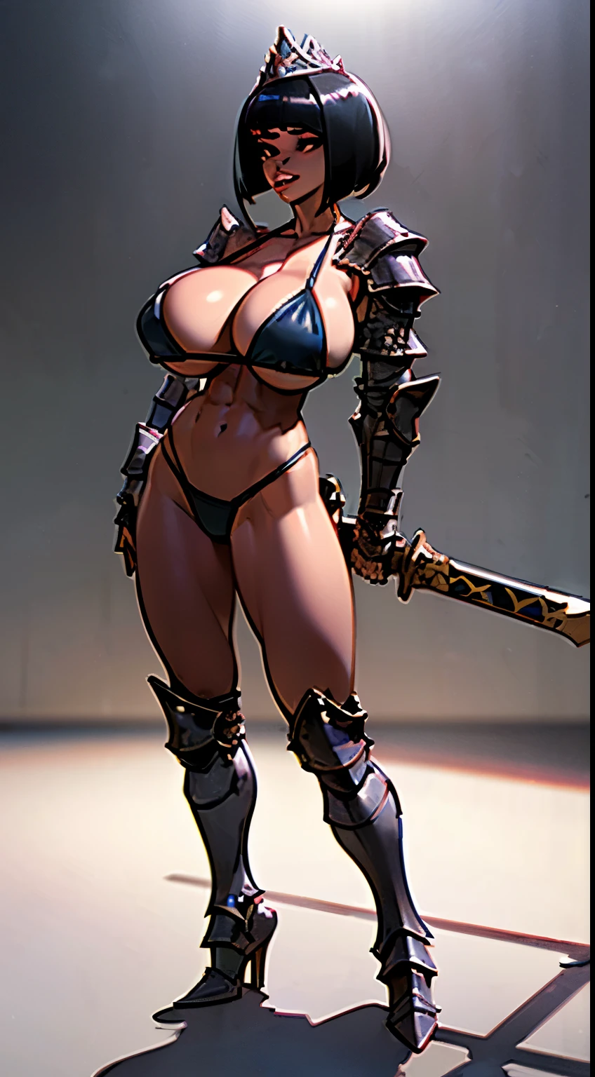 woman, bobcut, blondehair, ((black skin:1.4)), adorned in medieval armor, twerking, metal muscles, emanating a medieval elegance and marvel, armor pump boots, chrome bra, chrome silver tiara, small armband, (shoulder armor), gauntlets, ((armored bikini:1.4)), sword, shield, exposed midriff, (puffy lips:1.3), detailed eyes, ((slendered abs:1.2)),(((gigantic breasts:1.5))), wide hips, (puffy lips:1.5), slender abs,rim lighting, side light, (((cinematic light))), ultra high definition, 8k, film grain,best shadow, light particles, detailed skin texture, detailed gem armor texture, detailed face, intricate details, super detailed, bright, spiked heel boots