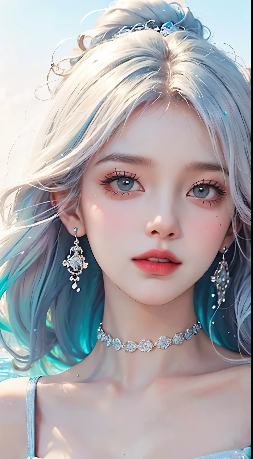 （tmasterpiece、Best quality at best、A high resolution），（coloured background，（splash of color）），sweet girl，Light blue and white medium length hair，[light blues|pink big breasts]the hair，curlies，Sparkling，red pink lips，The cleavage is larger，(splash of color，(Short white dreisure body lesbian:0.8,Volumetriclighting，