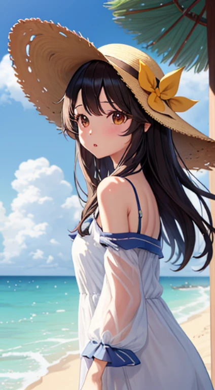 1girll,critters,sea beach,Black hair,蓝daysieblurry,bblurry的背景,,with brown eye,brown hair,Clouds,多云的daysies空,daysies,depth of fields,The clothes ar,Hats,Hats丝带,拿着critters,horizon,cparted lips,long whitr hair,Look at the observer,medium,the ocean,exteriors,分开的cparted lips,daysies空,无袖,独奏,Straw Hat Hat,夏daysies,Sun hat,Eau,w