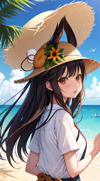 1girll，critters，sea beach，Black hair，蓝daysieblurry，bblurry的背景，，with brown eye，brown  hair，Clouds，多云的daysies空，daysies，depth of fields，The clothes ar，Hats，Hats丝带，拿着critters，horizon，cparted lips，long whitr hair，Look at the observer，medium，the ocean，exteriors，分开的cparted lips，daysies空，无袖，独奏，Straw Hat Hat，夏daysies，Sun hat，Eau，w