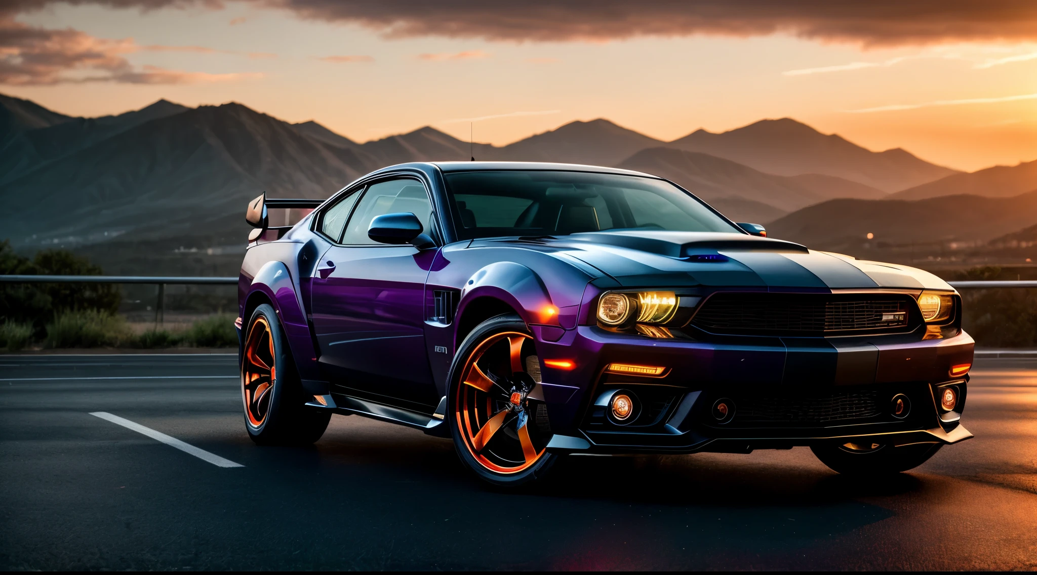dark and gloomy 8k photo, cyberpunk muscle car, action shot, sunset, detailed, detailed face, (vibrant, photo realistic, realistic, dramatic, dark, sharp focus, 8k)
