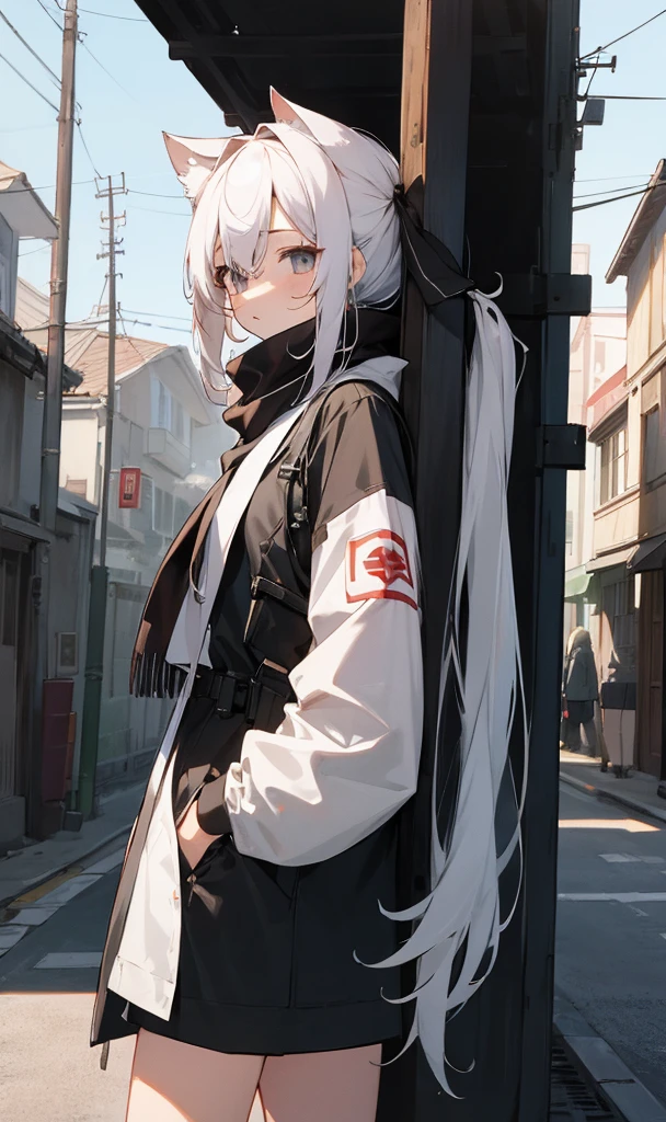 masterpiece、top-quality、女の子1人、pale hair、Twin-tailed、kawaii、scarf、Exposed black futuristic combat uniform、outside of house、Street、casual、Ruined buildings