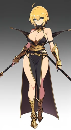 (((Best Quality))) , ((full body)), female, reference sheet, solo, (white background), short slit dress, armored dress, holding staff, loin cloth,  gauntlet, armor,