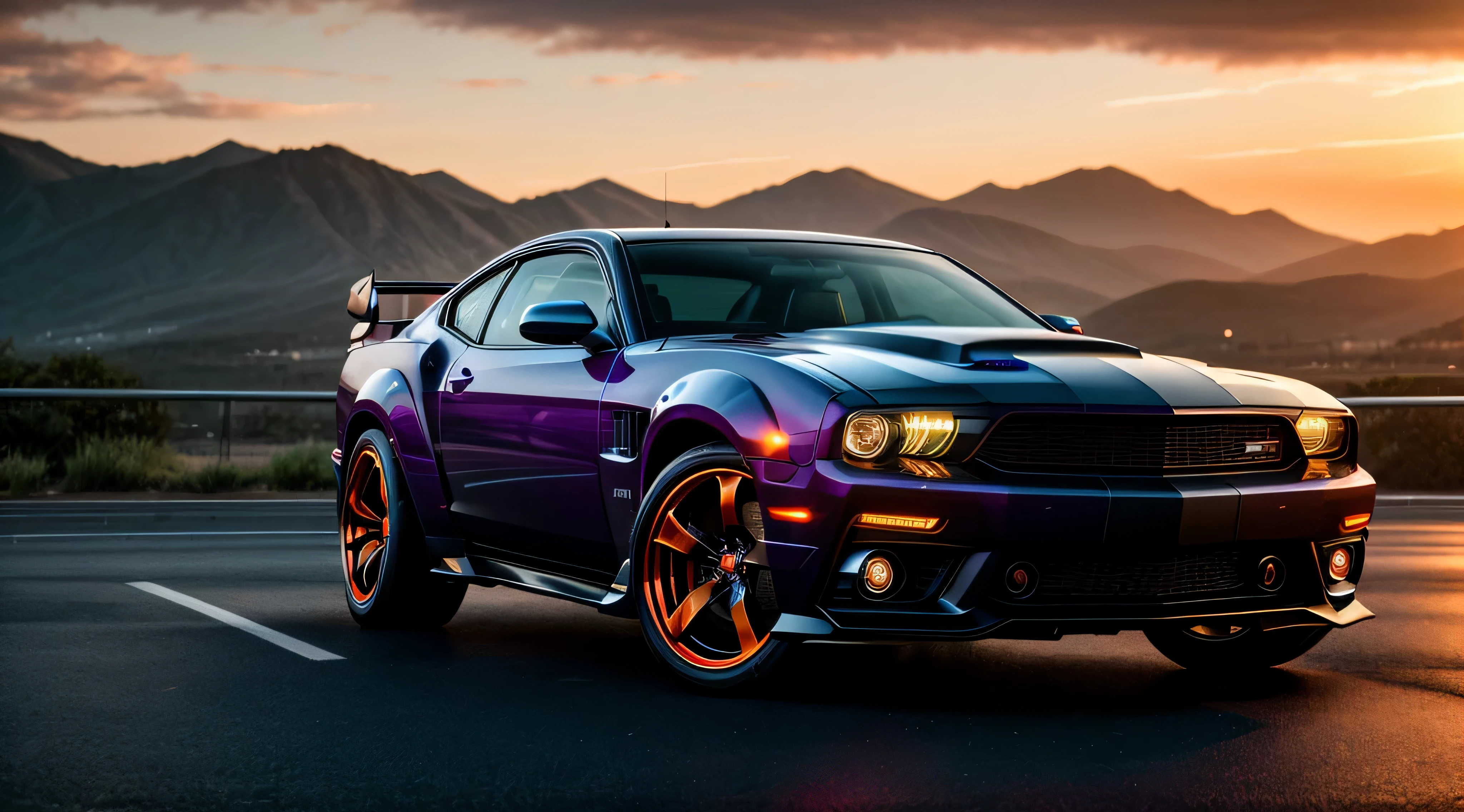 dark and gloomy 8k photo, cyberpunk muscle car, action shot, sunset, detailed, detailed face, (vibrant, photo realistic, realistic, dramatic, dark, sharp focus, 8k)