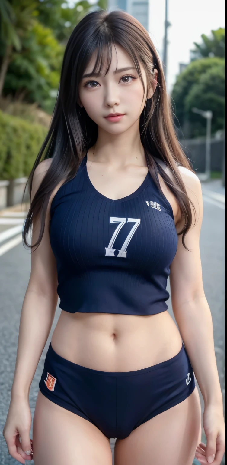 (masterpiece:1.3), (in 8K, Photorealsitic, Raw photography, Top image quality: 1.4), japanes, (1girl in), a beauty girl, High school students, (((Volleyball uniform that covers from the upper body to the stomach、Dark blue bloomers on the lower part of the body))), Bloomers used in Japanese schools, conservative design, Bloomers are dark blue、tight fitted、Seam loom made of thin fabric, Stretchy fabric covers a wide area around the waist、Length from belly button of bloomers、((Low leg cut))、Also covers the groin area), Hands are behind your back、(Outdoor athletics stadium background), (Lighting from the front、There is no shadow on the front of the body), Beautiful hairstyle, realisiticな目, Eyes in Beautiful Details, (realisiticな肌), Beautiful skins, enticing, 超hight resolution, 超realisitic, high detailing, the golden ratio, (Detal Face:1.2), see the beholder,masutepiece, Best Quality, Ultra-detailed, finely detail, hight resolution, Composition of the whole body、Glossy thighs、超hight resolution、professionally lit、Photon mapping、Radio City、physically-based renderingt、Cinematic lighting、depth of fields,Focusing,Sun'rays,Good composition,(Bokeh:1.2), (((の女子1人))), Double eyes、Open Legs Pose、Bold legs open、Beautiful detailed eyes, fitness wear, Natural Color Lip,Photorealsitic、realisitic、独奏、Photorealsitic、top-quality、extra detailed face、extremely detailed eye and face、beatiful detailed eyes、absurderes、信じられないほどabsurderesな髪の成長、Wavy hairstyle、Middle hair、(extremely details CG、8K wallpaper is very delicate and beautiful)、beautiful lighting、Perfect litthing、realisiticな影、Detailed skin、Ultra-detailed細、detailed faces and eyes、realisiticな目 鋭い目を持つ美しい顔、plein air、japanese high school、blurry backround、shinny skin、Blunt bangle body composition, looking in camera, Japan Female, 17 age, Perfect beauty, Pore-visible texture, Perfect facial features, clear bare skin, clear bare skin, Beautiful toned body, Legs wide open、Number of fingers 5、