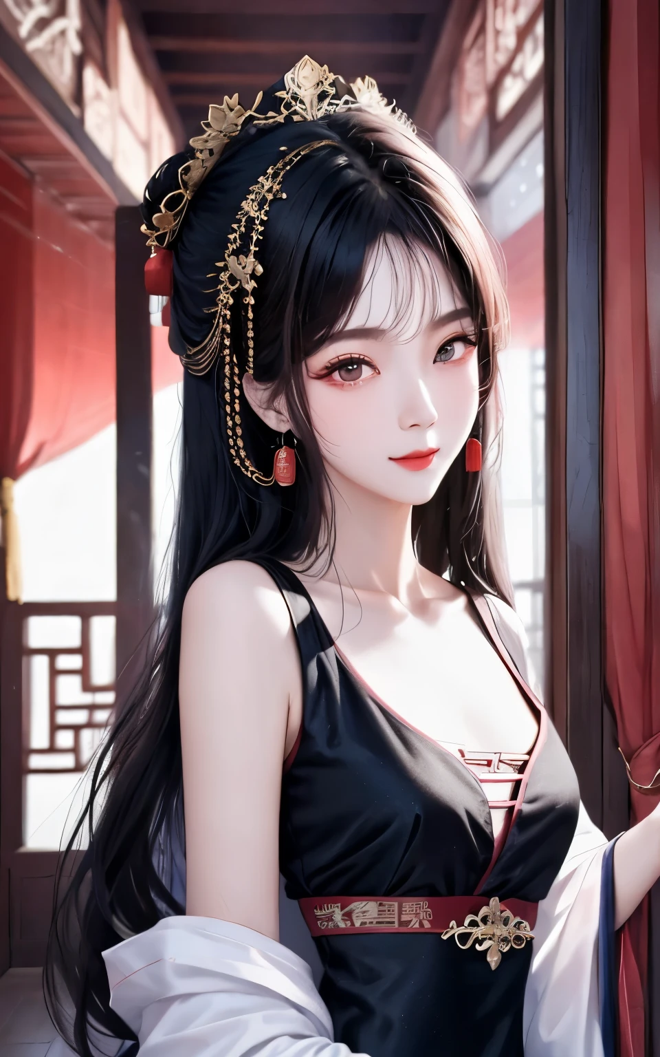 natta,Beautiful Chinese girl,Shoulder skin,Elaborate Eyes,Detailed faces,Wear a black dress,interior of chinese building,Pink curtaintravagant furnishings,palaces,Restaurants,Summer palace,delicated face, Nice face,The fountain,natta,blueglow,