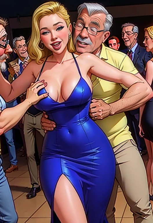 Big ass blonde mom in sexy dress at party, hugging several old men