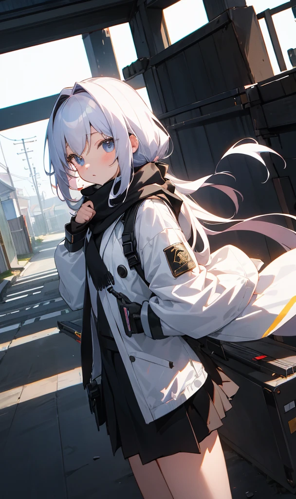 masterpiece、top-quality、女の子1人、pale hair、Twin-tailed、kawaii、scarf、Exposed black futuristic combat uniform、outside of house、Street、casual、kosmos、Debris