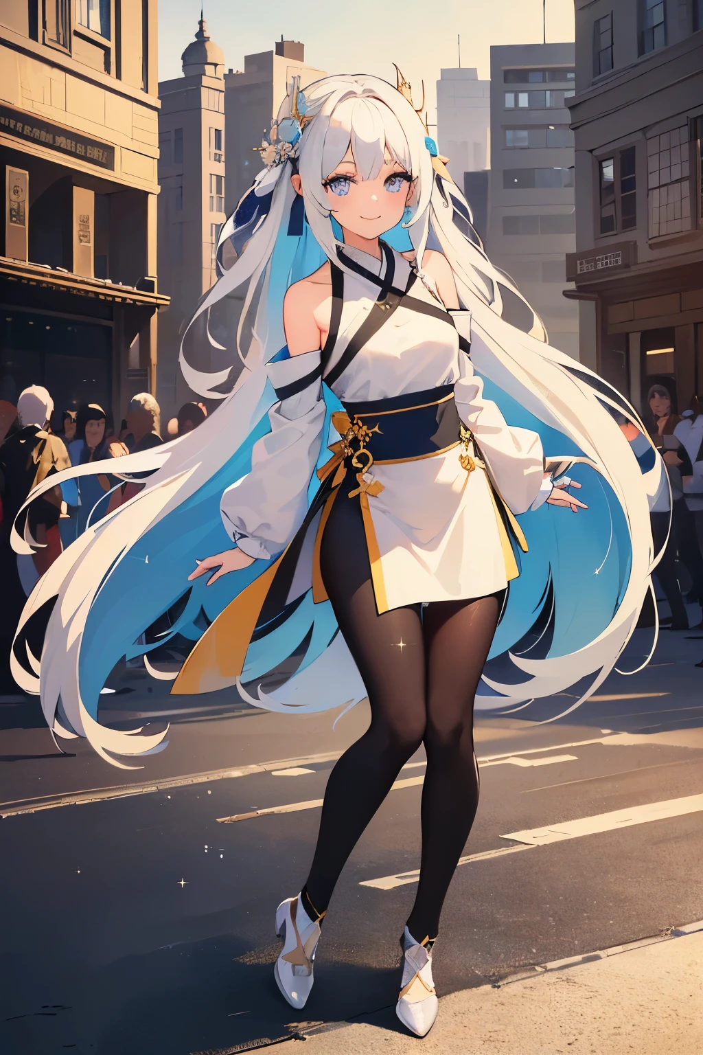 (Masterpiece), (Best Quality), (Super Detailed), (Dirty Hair), (Illustration), (1 Girl) (Long white Hair 1.5) (Blue Eyes), ((((No Shoulders))),Hanfu, (Looking at the Audience, (Interview), ( Background), Beautiful and Delicate Eyes, Delicate Beautiful Face, Soaring (High Saturation), (Colorful Glitter), Multi-colored Bubbles, (Glitter), Accent on Face, PerfectNwsjMajic, conservative clothes, Shoulderless, summer clothes, facing the masses, perfect figure, happy, warm smile, full body, tights
