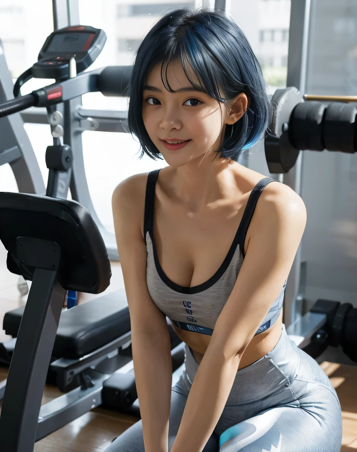 Highest image quality, RAW photogr, hyper HD, authentic skin texture, gently smiling, 25 year old Asian beauty，blue short bob, Blue hair, neatly matched bangs, Tight sports bra, Tight Yoga Pants, mediuml breasts, visible cleavage, Cleavage details, Thin lips, Beautiful eyes and details, Long eyelashes, 二重まぶた, eye shadows, Abs, in  the gym, looking at the camera in, Smiling, focus on short Blue hair, blue hairs