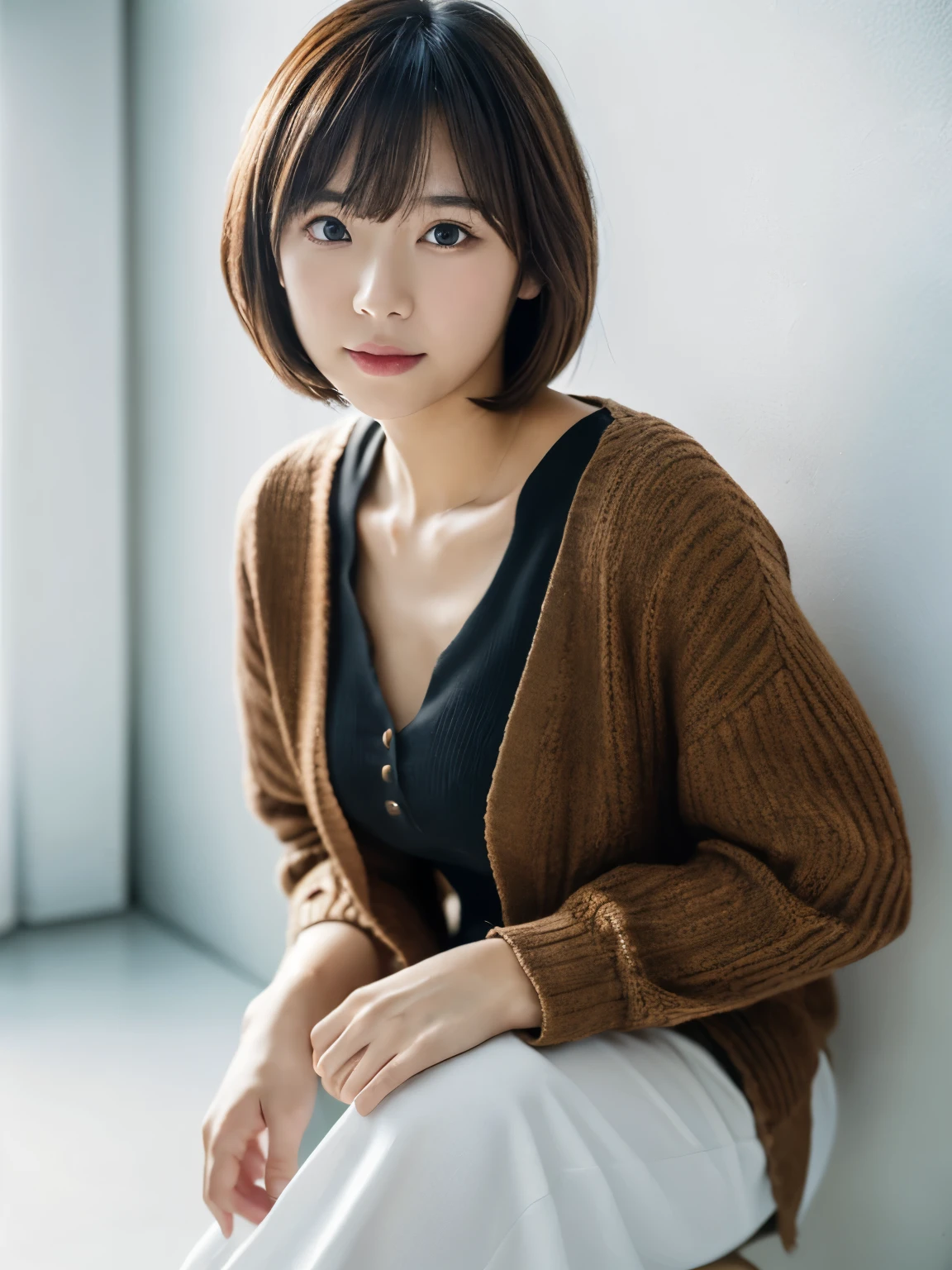 ((masutepiece,top-quality)), (photographrealistic:1.4),((masutepiece,8K)),hight resolution,Studio Soft Light, Rim Lights, vibrant detail, realistic skin textures,Japanese, 1 beautiful woman, Short hair, Wave hair, faint thin bangs, make - up, 38 years, Detailed skin, cardigan, wide-leg pants, White background, White Room,white walls, fully body photo, Looking at Viewer